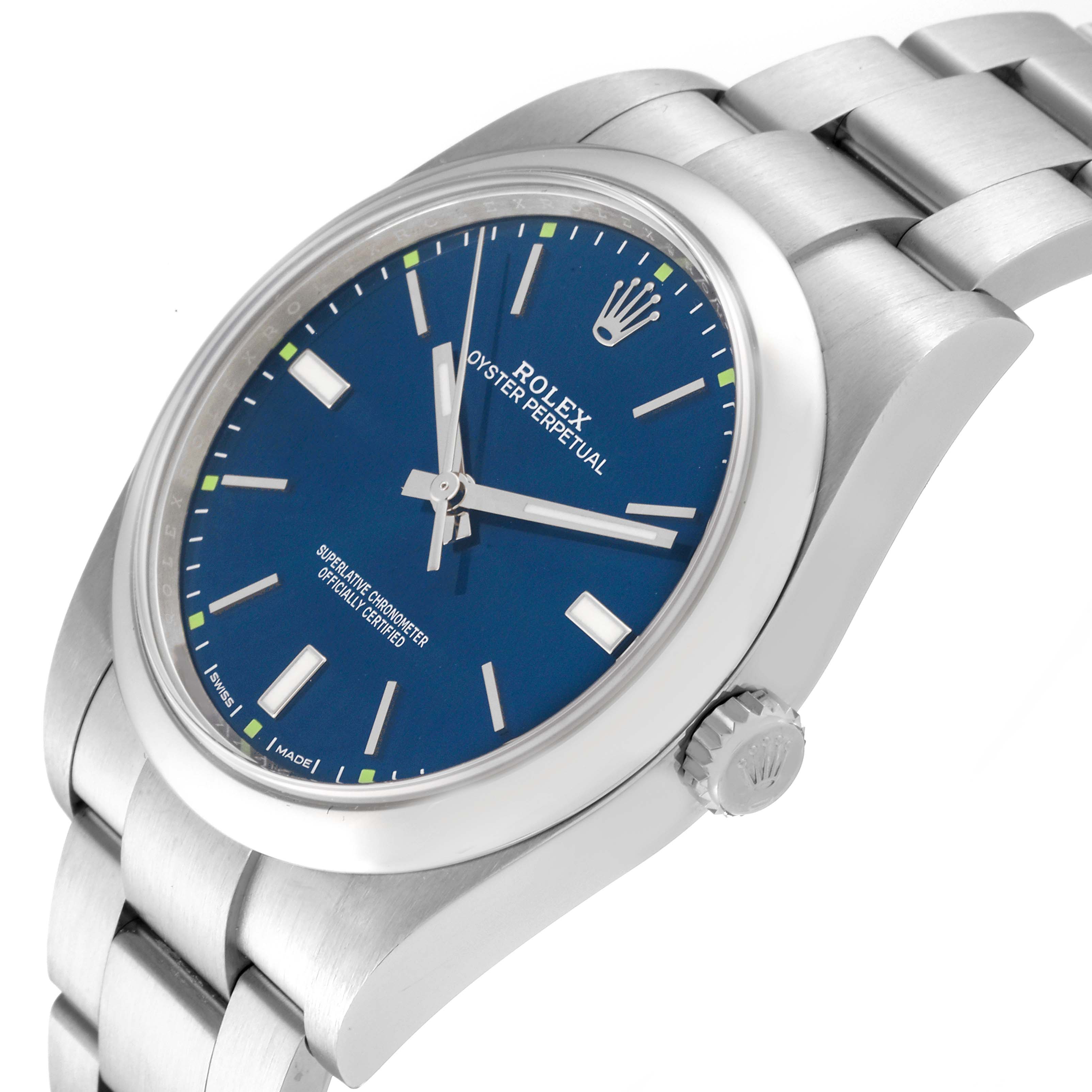 The Rolex Oyster Perpetual 114300 Men's Stainless Steel Blue Dial 114300 Men's Stainless Steel Blue Dial watch is shown from a three-quarter angle, highlighting the blue dial, crown, and bracelet.