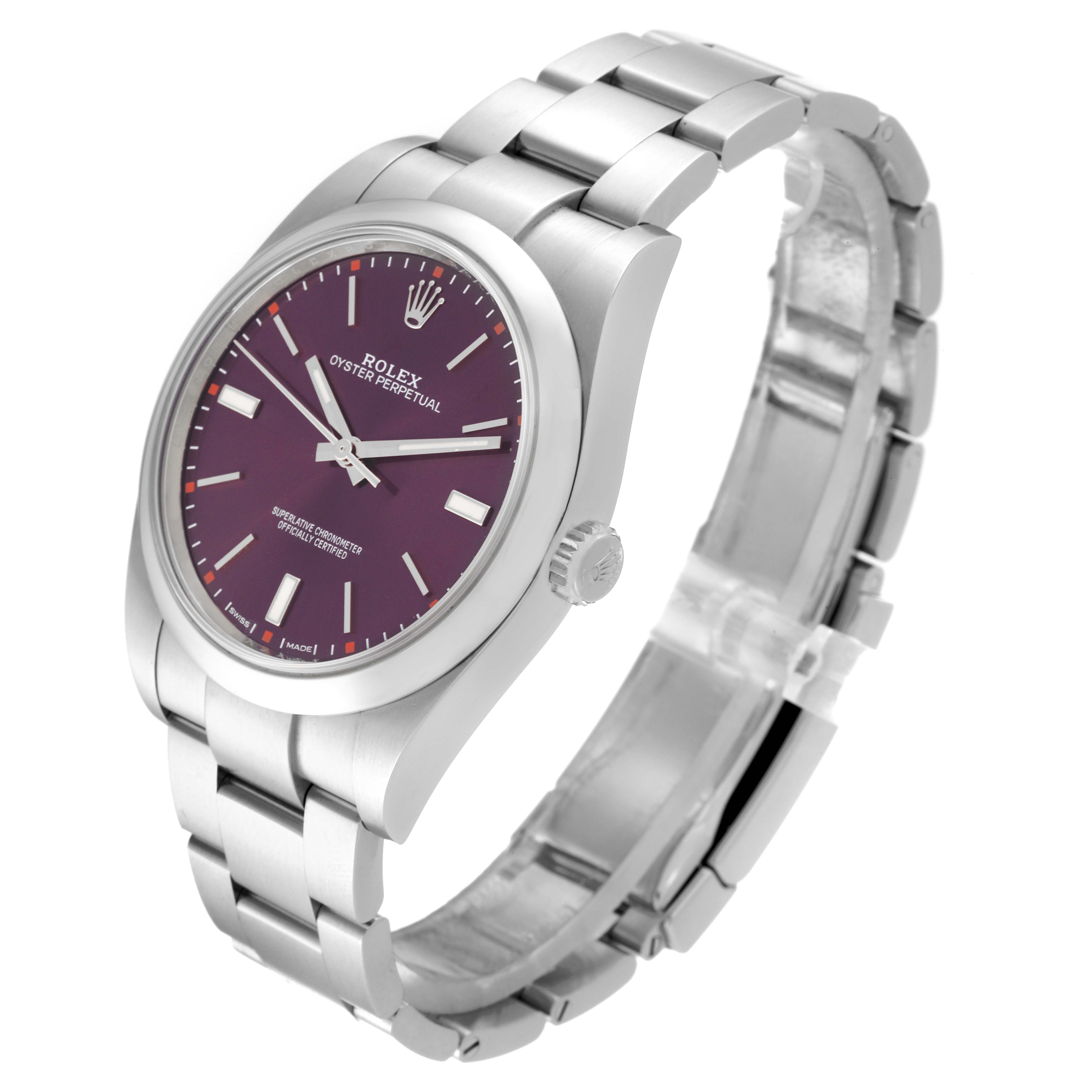 The image shows a side view of the Rolex Oyster Perpetual 114300 Men's Stainless Steel Red Dial 114300 Men's Stainless Steel Red Dial, highlighting the dial, bezel, bracelet, and crown.