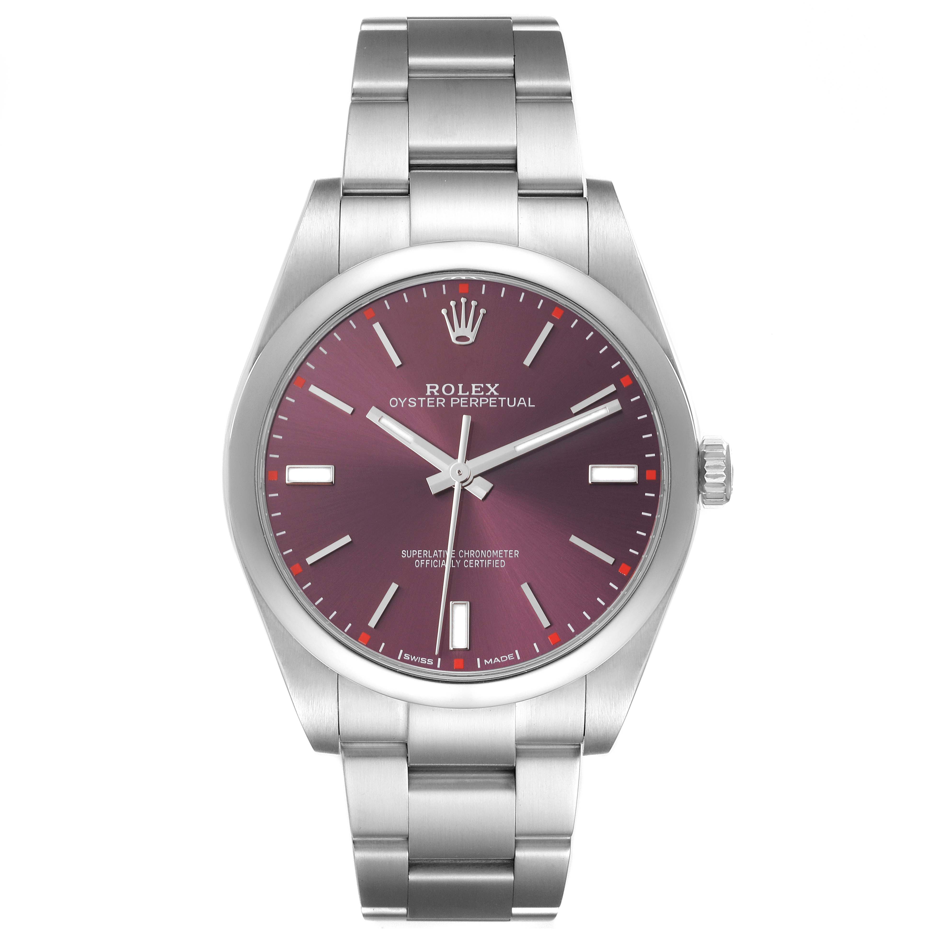 The Rolex Oyster Perpetual 114300 Men's Stainless Steel Red Dial 114300 Men's Stainless Steel Red Dial watch is shown from the front, displaying the dial, case, bracelet, and crown.