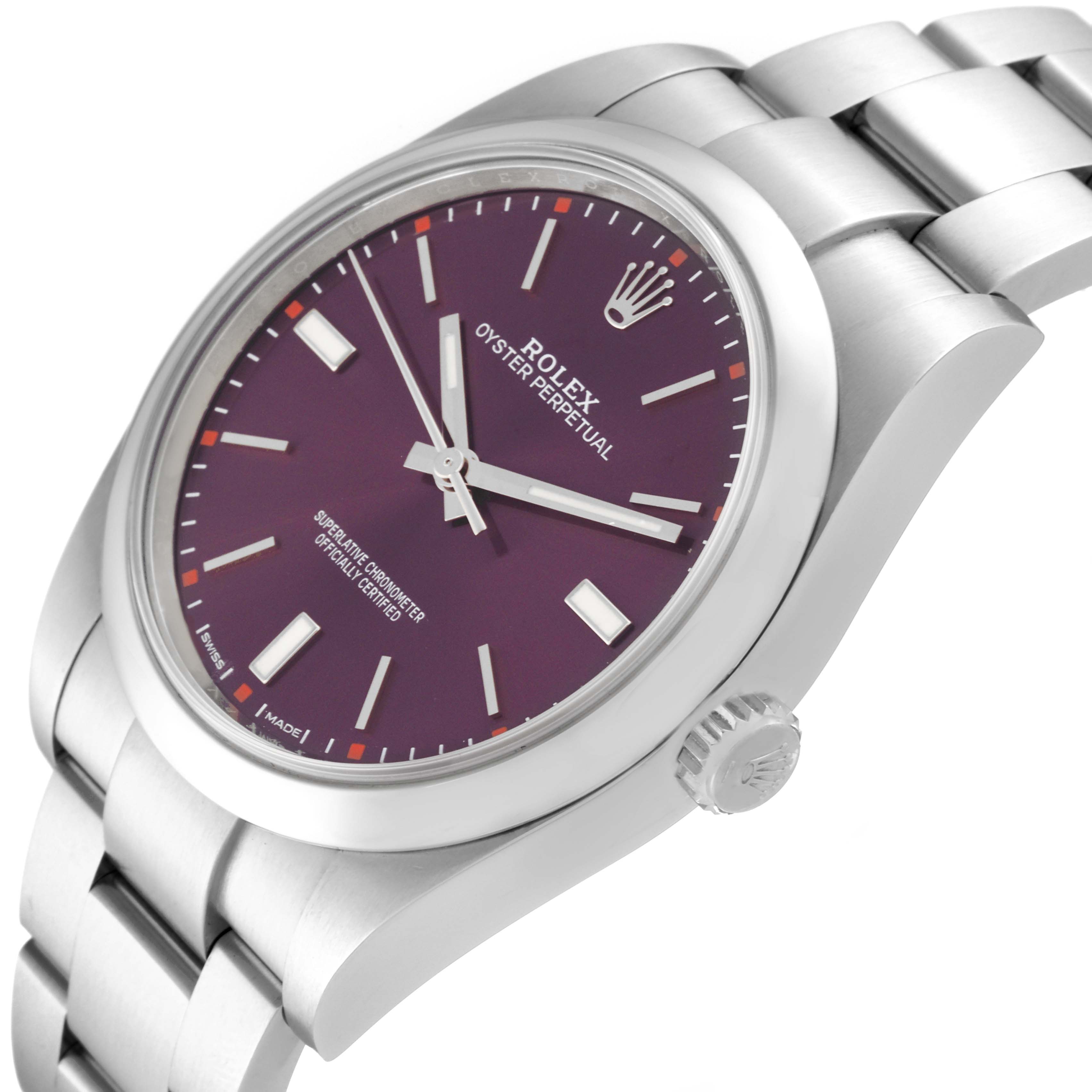 The Rolex Oyster Perpetual 114300 Men's Stainless Steel Red Dial 114300 Men's Stainless Steel Red Dial is shown at a slight side angle, highlighting the dial, bezel, crown, and bracelet.