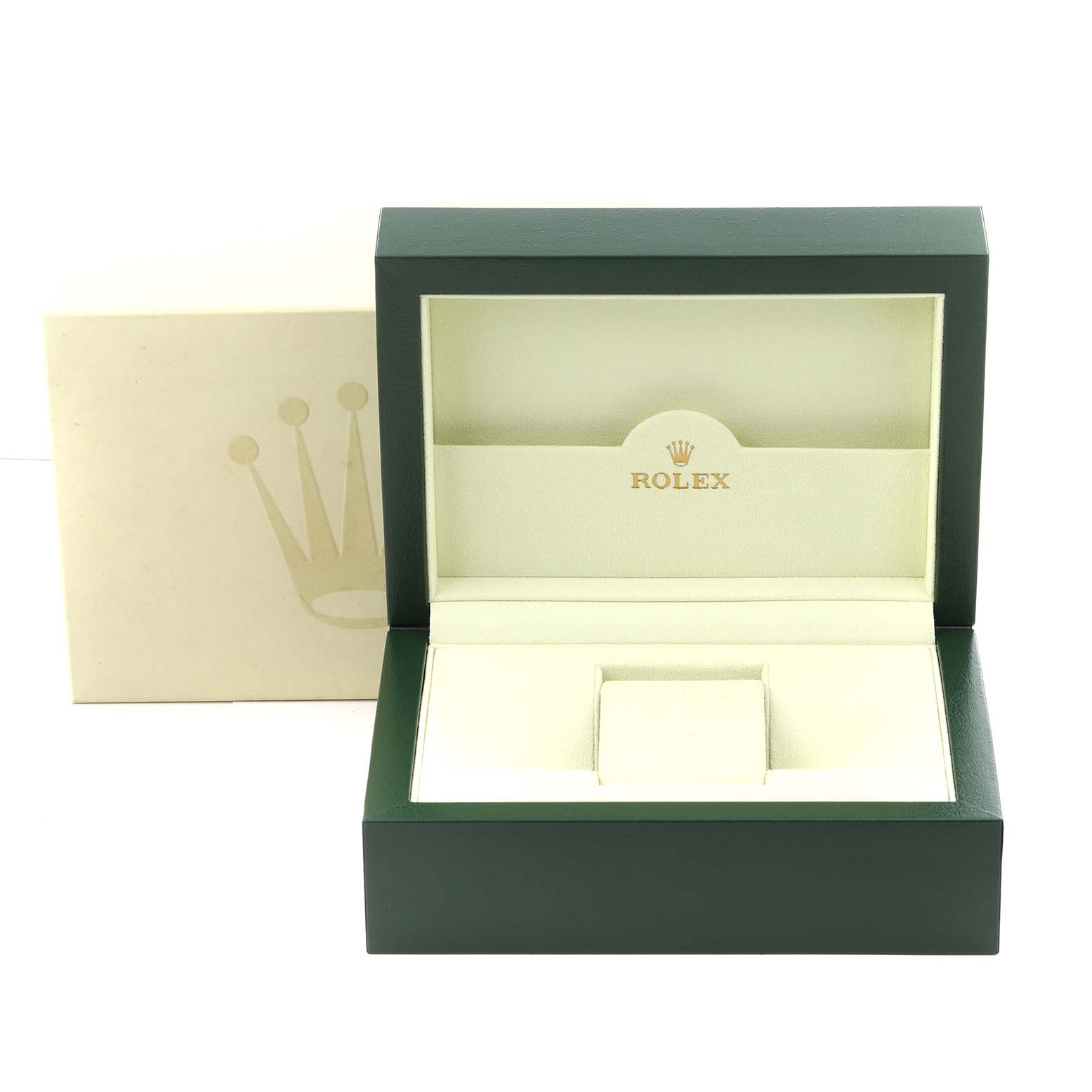 The image shows a green Rolex Oyster Perpetual 114300 Men's Stainless Steel Red Dial 114300 Men's Stainless Steel Red Dial watch box with a beige insert and Rolex branding, photographed from the front.