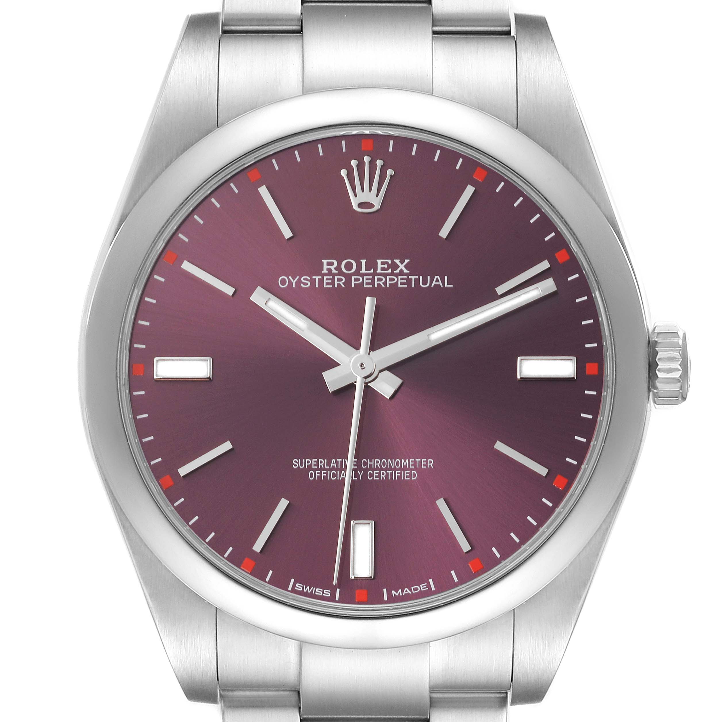 The image shows a front view of a Rolex Oyster Perpetual 114300 Men's Stainless Steel Red Dial 114300 Men's Stainless Steel Red Dial watch, highlighting its dial, hands, and bracelet.