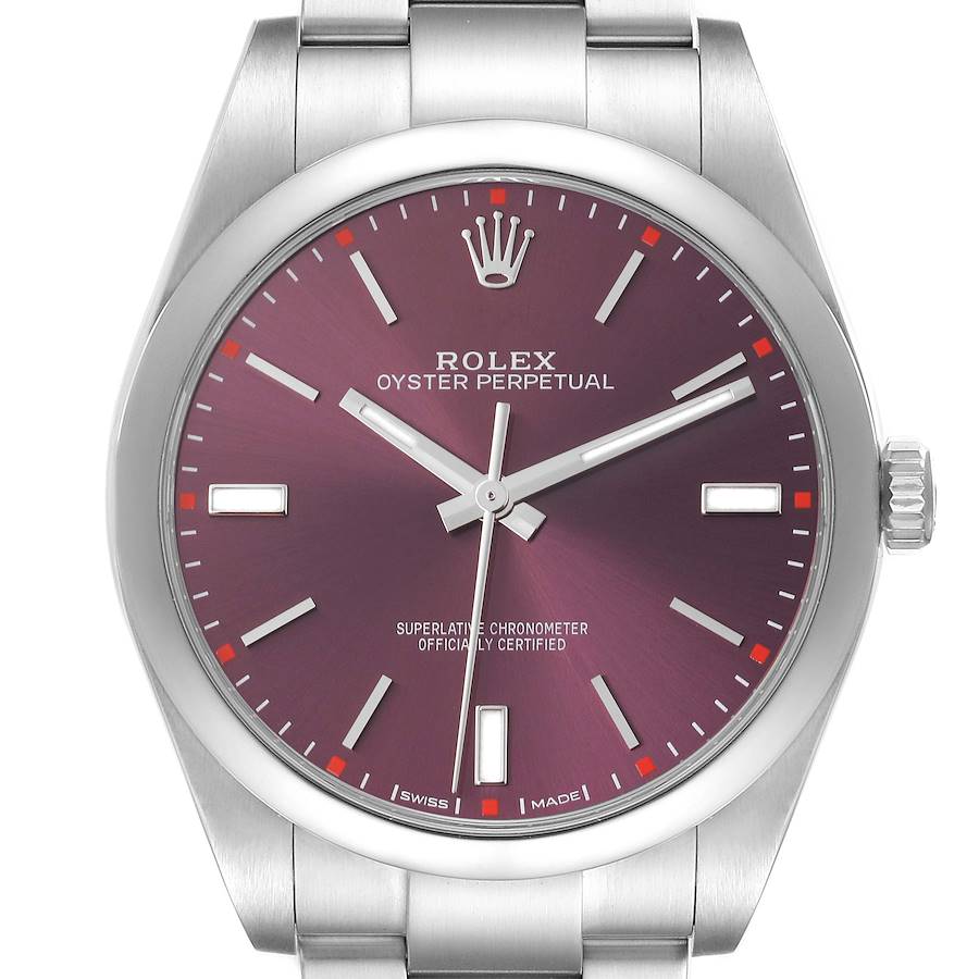 Rolex Oyster Perpetual 39mm Red Grape Dial Steel Mens Watch 114300 SwissWatchExpo