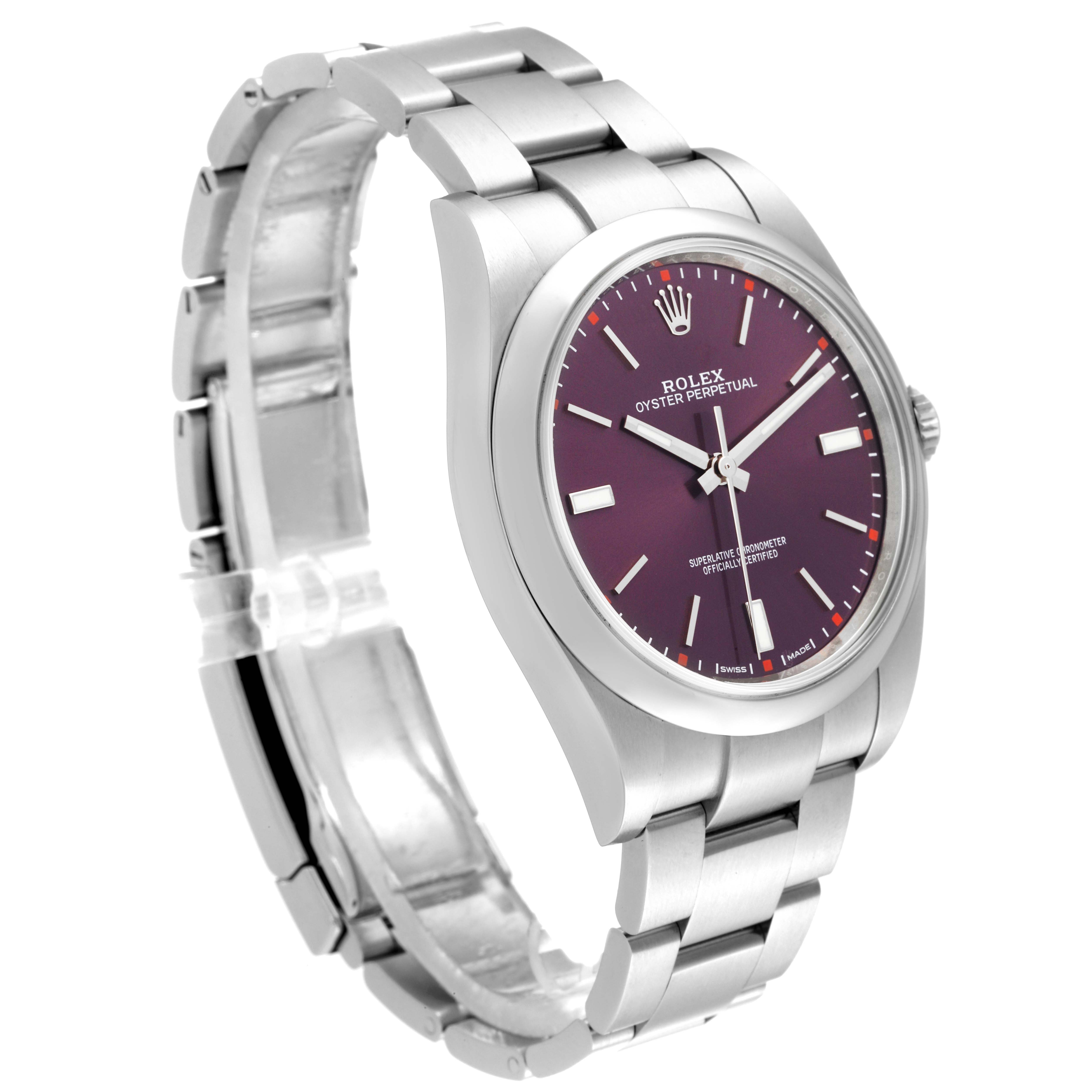 The Rolex Oyster Perpetual 114300 Men's Stainless Steel Red Dial 114300 Men's Stainless Steel Red Dial watch is shown at a three-quarter angle, displaying the face, bezel, and part of the bracelet.