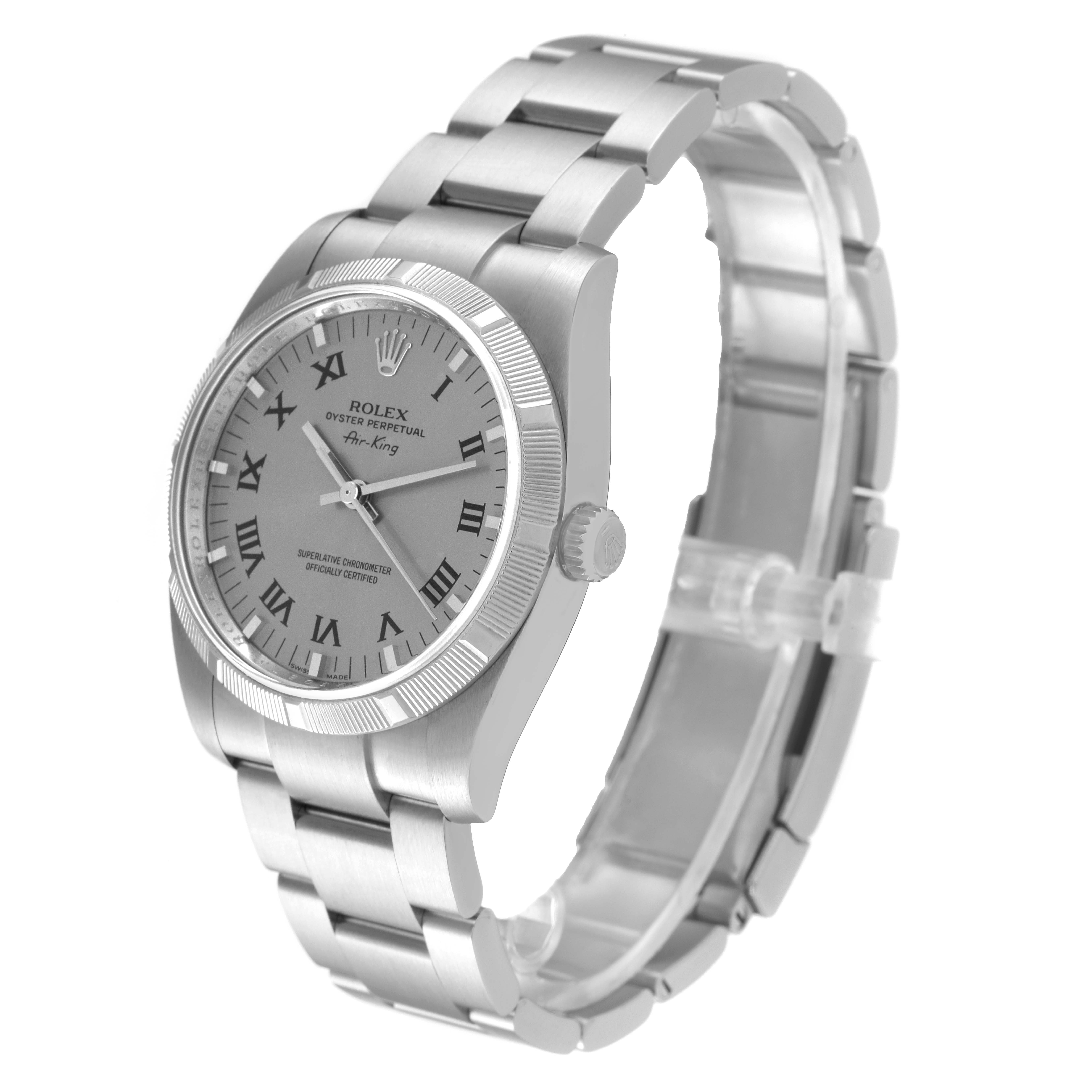 The Rolex Air-King 114210 Men's Stainless Steel Grey Dial 114210 Men's Stainless Steel Grey Dial watch is shown at a 3/4 angle, displaying the face, crown, and bracelet.