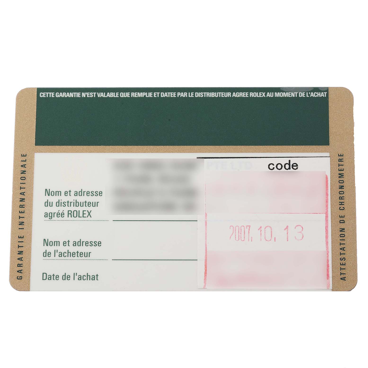 This image shows the warranty card for a Rolex Air-King 114210 Men's Stainless Steel Grey Dial 114210 Men's Stainless Steel Grey Dial watch, displaying the purchase date and distributor information.