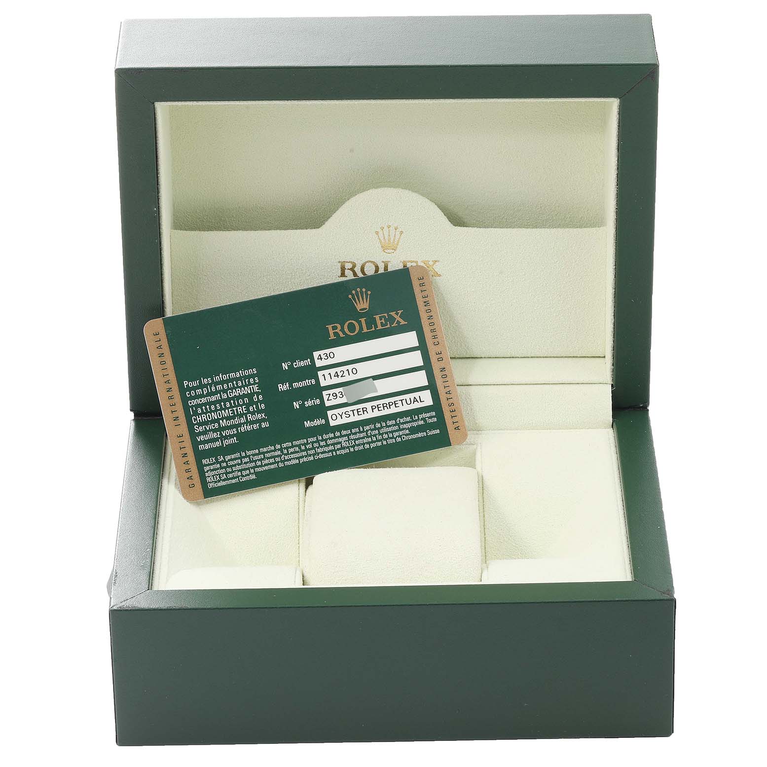 The image shows the interior of a Rolex watch box for the Air-King model, displaying a warranty card.