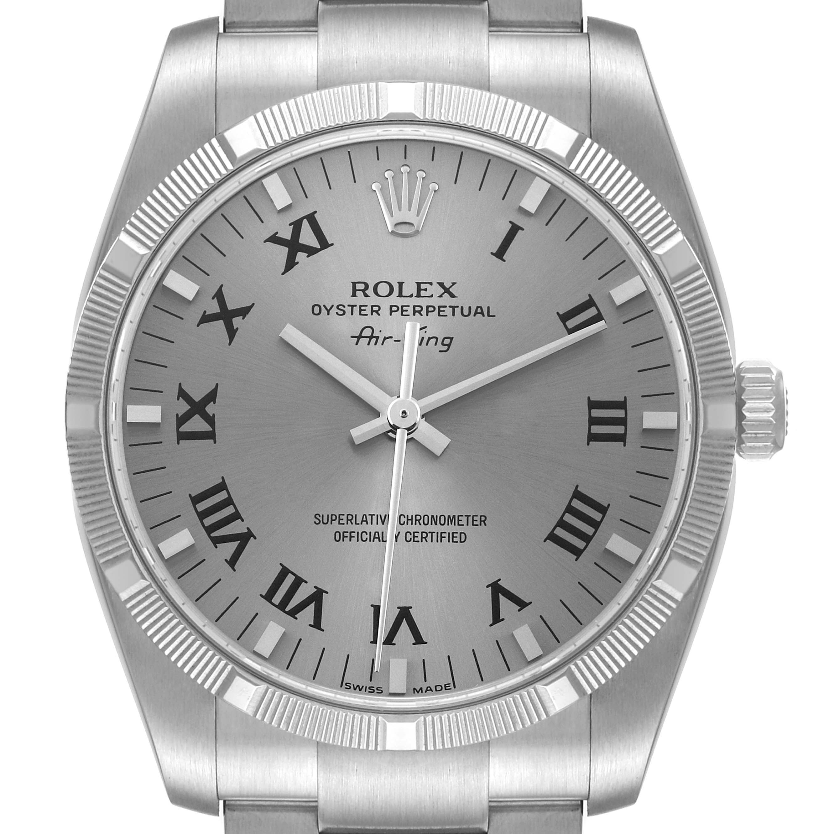 The image shows the face, bezel, crown, and part of the bracelet of a Rolex Air-King 114210 Men's Stainless Steel Grey Dial 114210 Men's Stainless Steel Grey Dial watch, at a head-on angle.