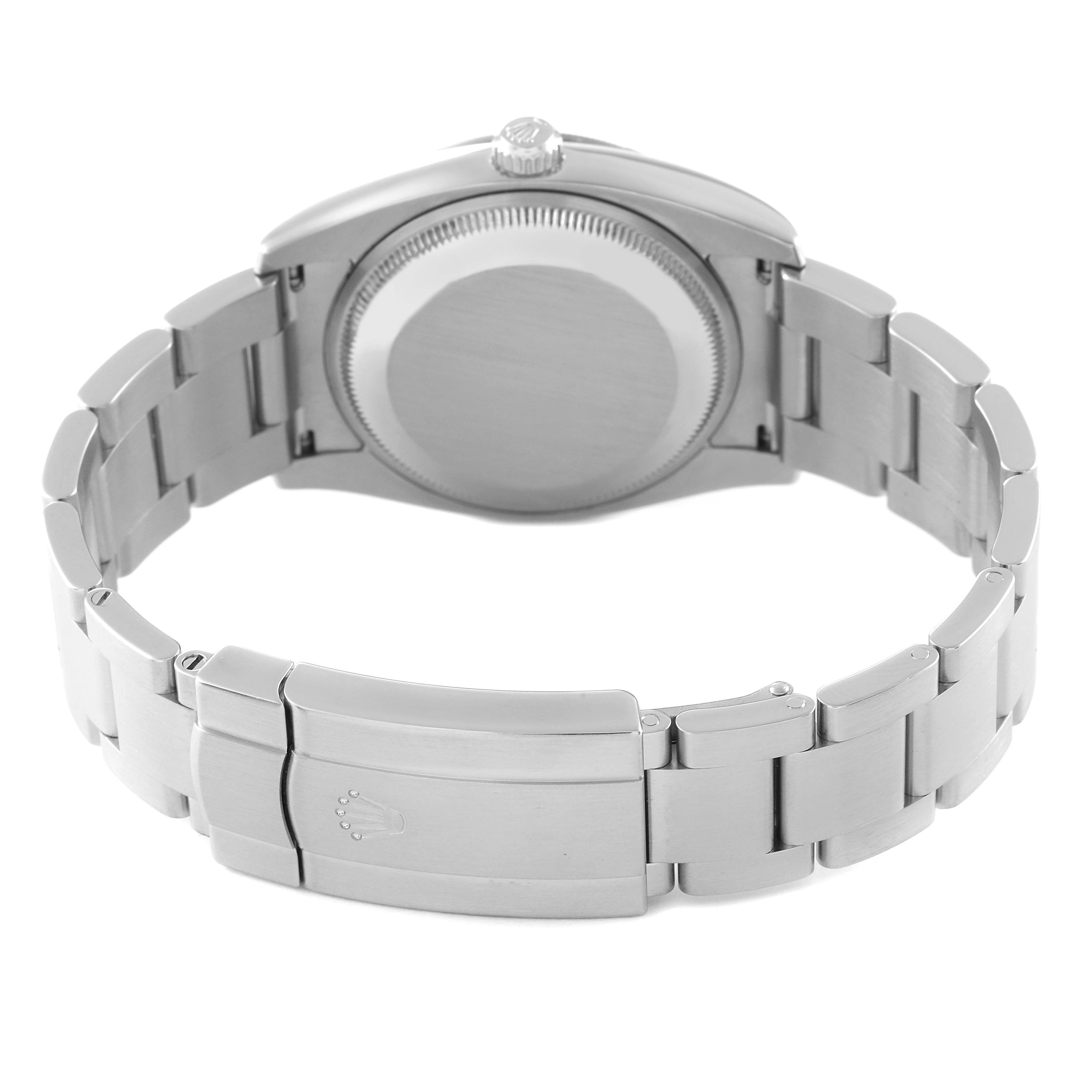 This image shows the back view of the Rolex Air-King 114210 Men's Stainless Steel Grey Dial 114210 Men's Stainless Steel Grey Dial watch, highlighting the bracelet and clasp.