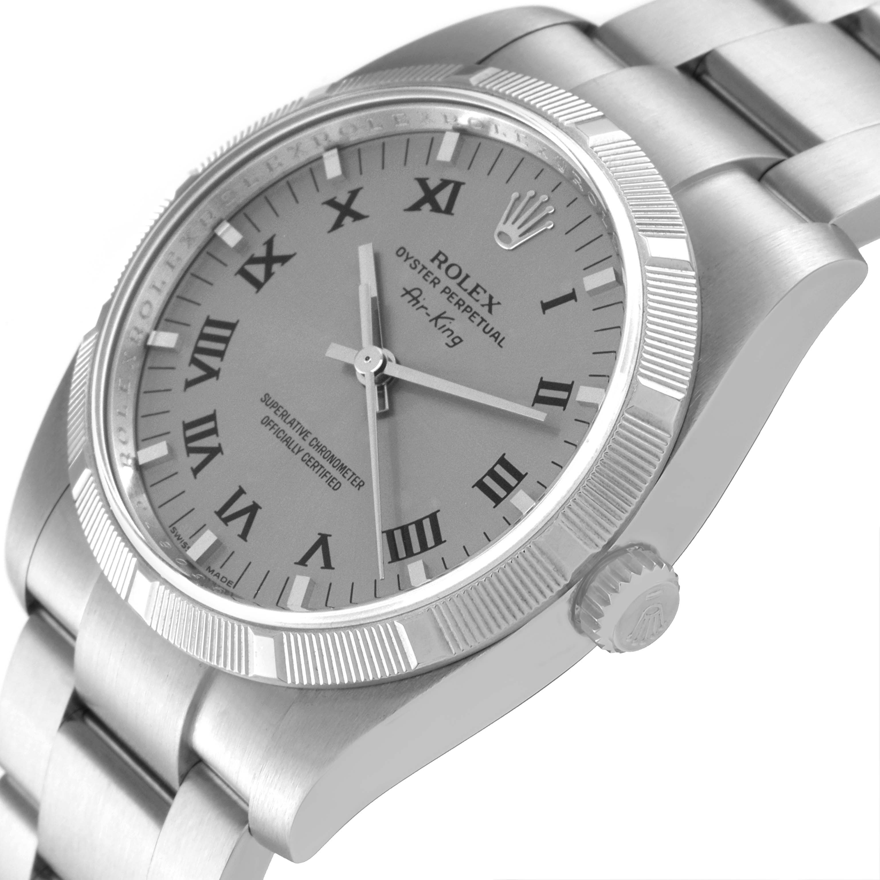 The image shows a close-up, angled view of the dial, bezel, and part of the bracelet of a Rolex Air-King 114210 Men's Stainless Steel Grey Dial 114210 Men's Stainless Steel Grey Dial watch.