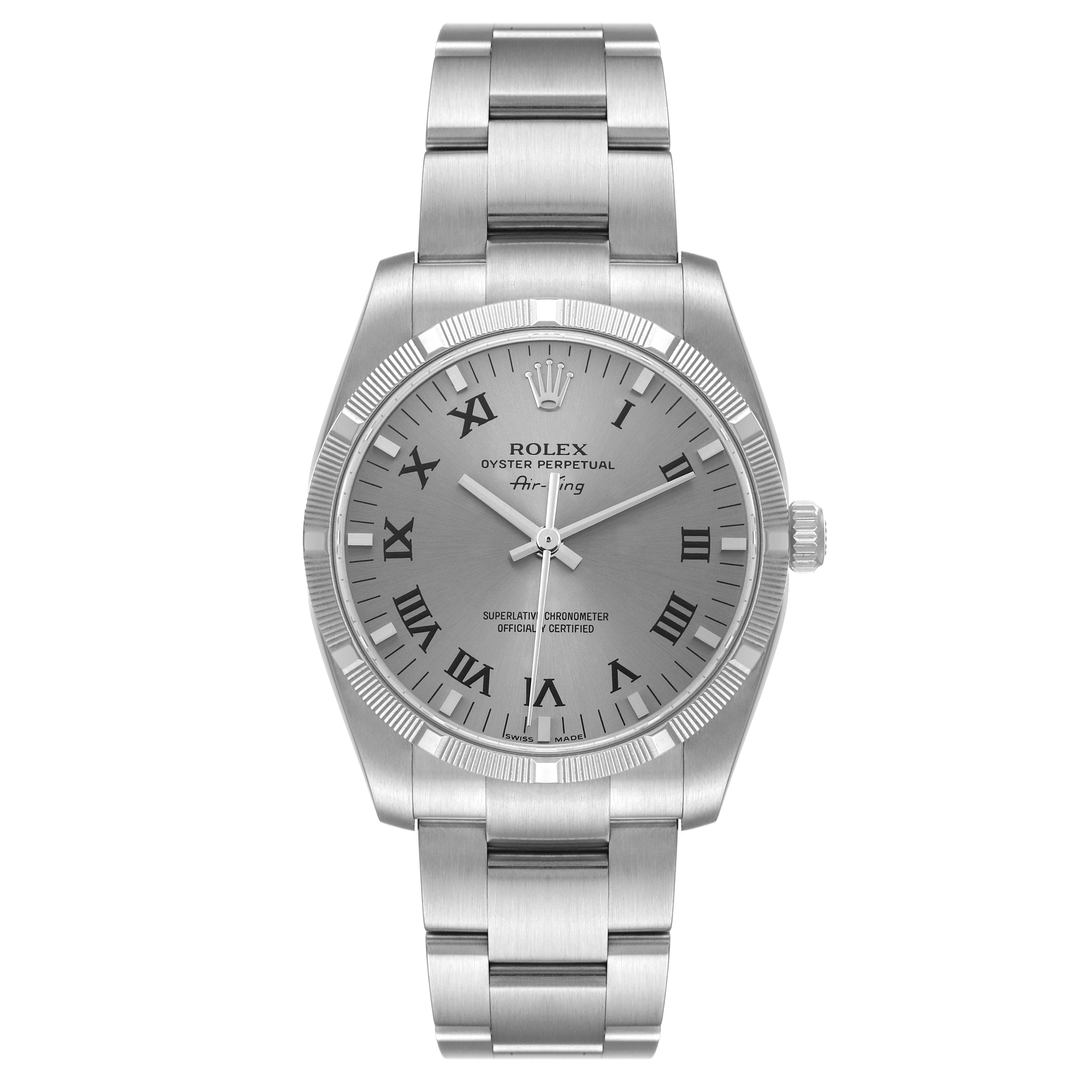 The image shows a front view of a Rolex Air-King 114210 Men's Stainless Steel Grey Dial 114210 Men's Stainless Steel Grey Dial watch, highlighting the dial, bezel, and bracelet.