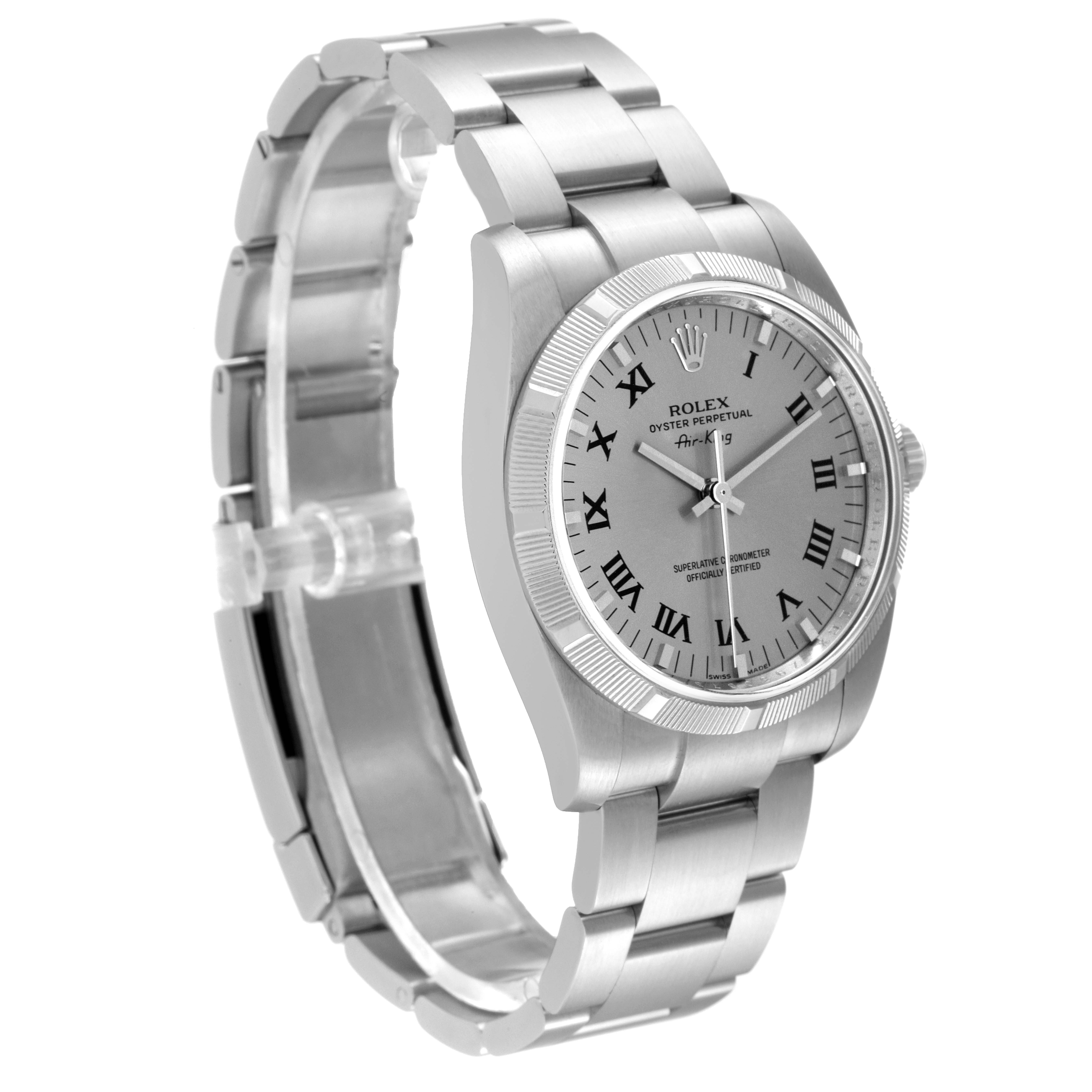 The image shows a Rolex Air-King 114210 Men's Stainless Steel Grey Dial 114210 Men's Stainless Steel Grey Dial watch, angled to display the face, bezel, and part of the bracelet.