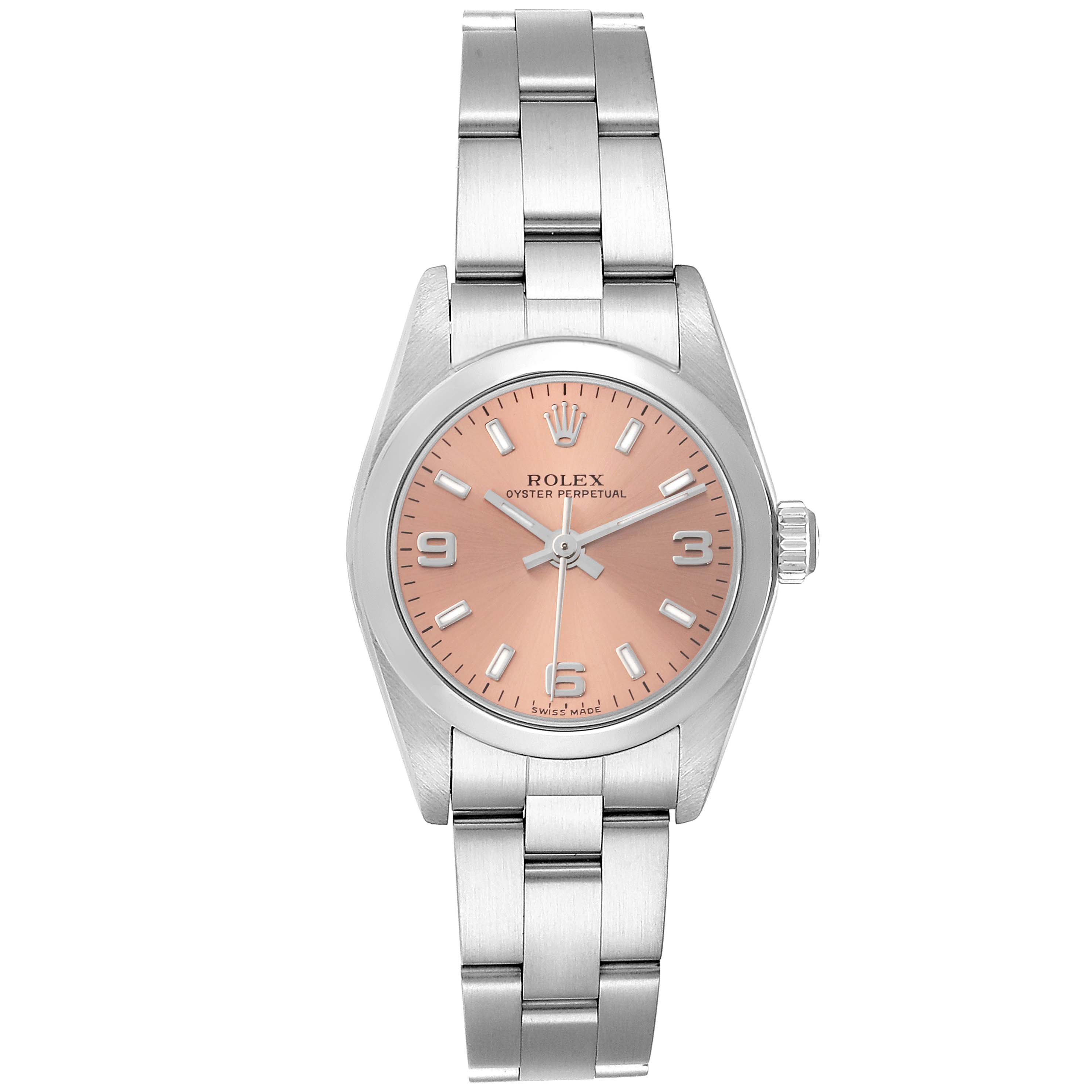 The Rolex Oyster Perpetual 76080 Women's Stainless Steel Pink Dial 76080 Women's Stainless Steel Pink Dial watch is shown from a top-down angle, displaying the full dial, case, and bracelet.