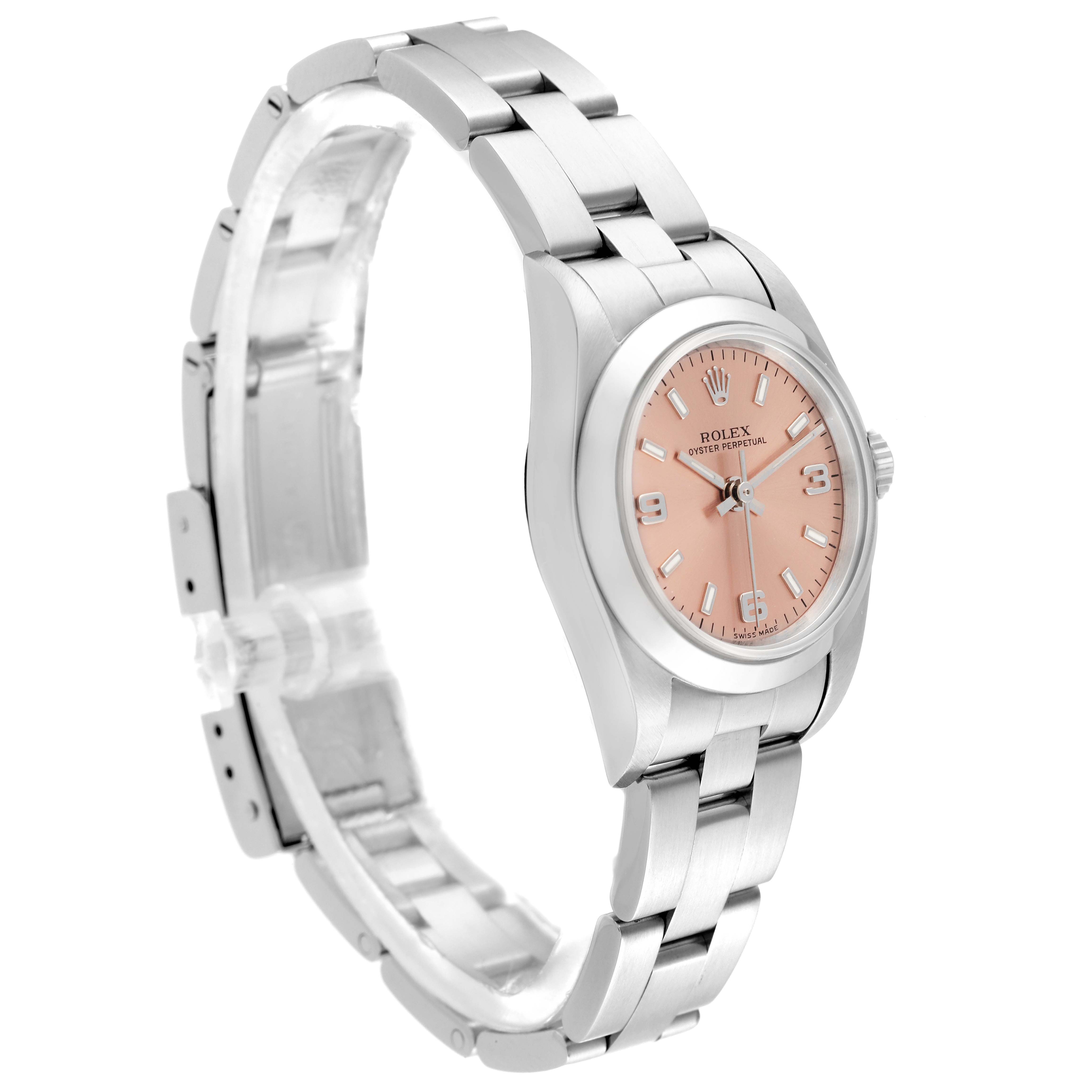 This Rolex Oyster Perpetual 76080 Women's Stainless Steel Pink Dial 76080 Women's Stainless Steel Pink Dial watch is shown from a side angle, displaying the band and face with a pink dial.