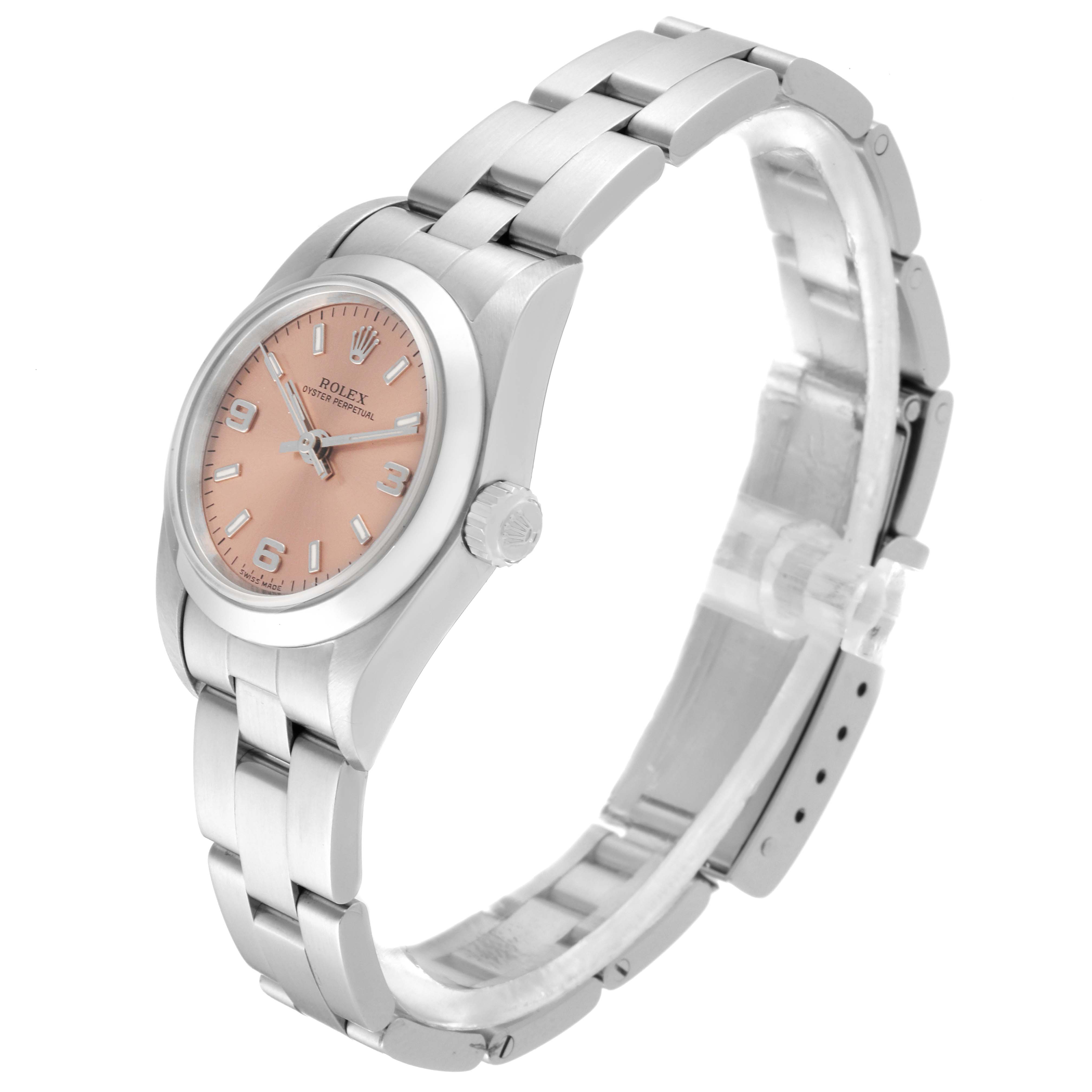 The Rolex Oyster Perpetual 76080 Women's Stainless Steel Pink Dial 76080 Women's Stainless Steel Pink Dial is shown from a three-quarter angle, displaying the dial, crown, and bracelet.