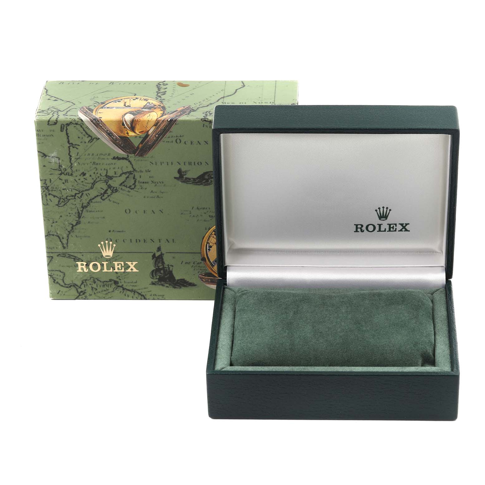 The image shows an empty Rolex Oyster Perpetual 76080 Women's Stainless Steel Pink Dial 76080 Women's Stainless Steel Pink Dial box and its outer packaging from a front angle.