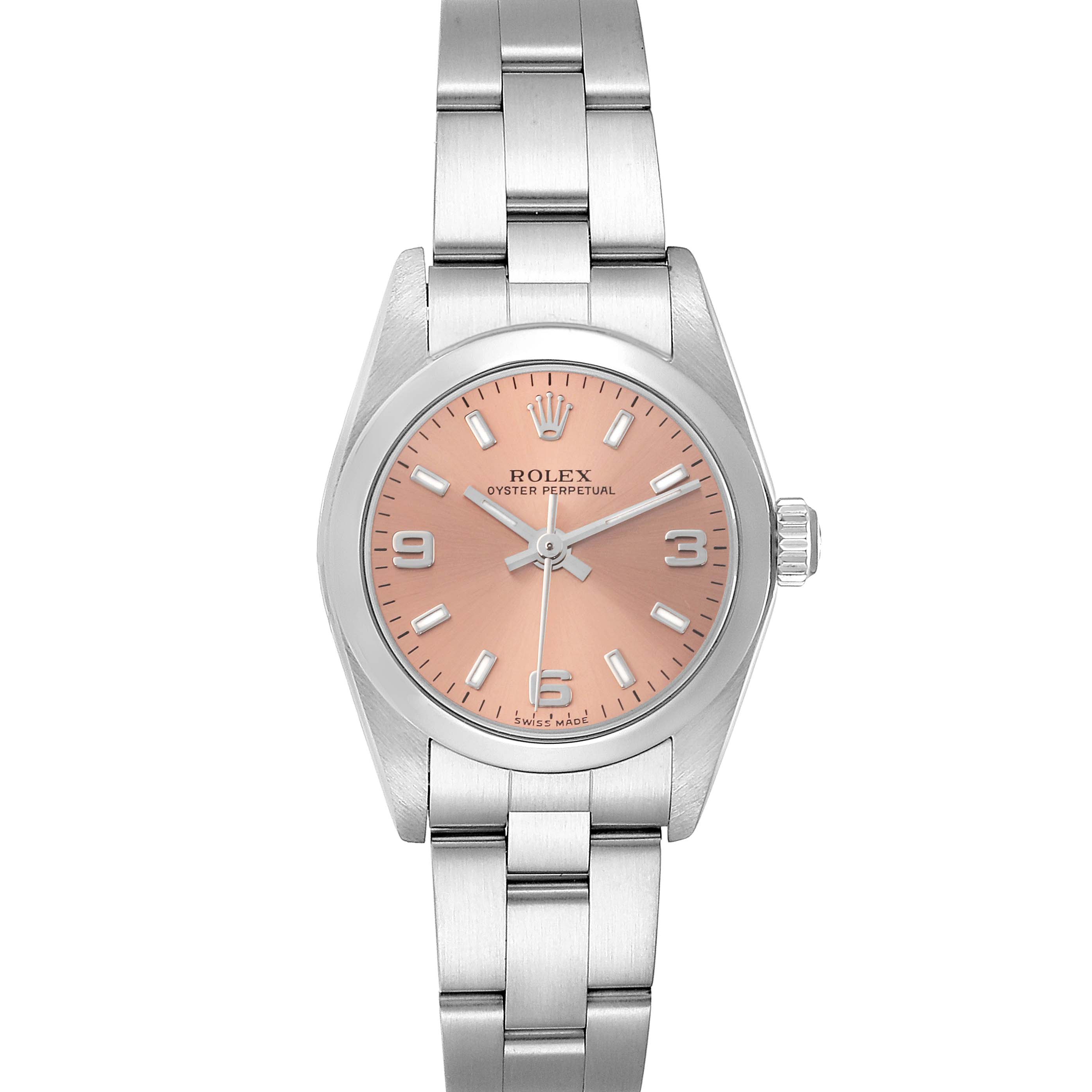 The Rolex Oyster Perpetual 76080 Women's Stainless Steel Pink Dial 76080 Women's Stainless Steel Pink Dial watch is shown from a direct front angle, displaying the dial, bezel, and bracelet.