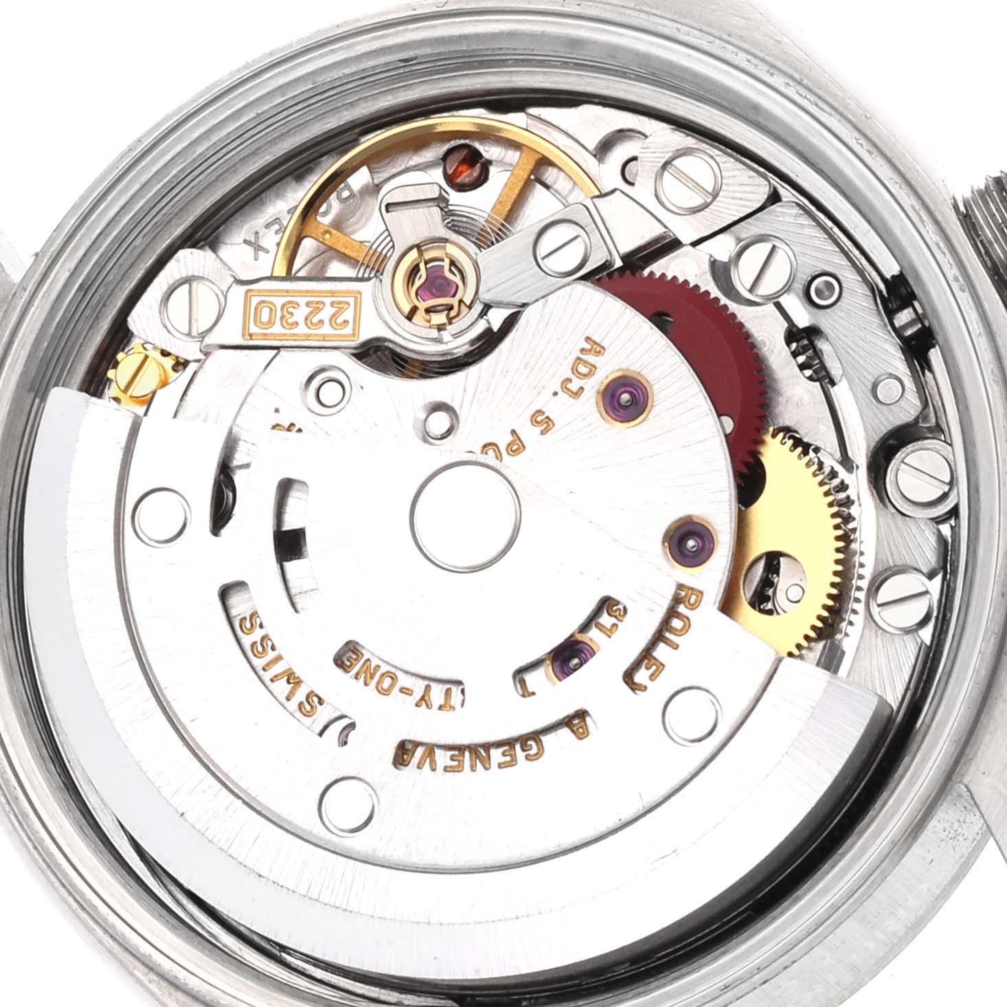 The image shows the Rolex Oyster Perpetual 76080 Women's Stainless Steel Pink Dial 76080 Women's Stainless Steel Pink Dial's internal movement components from the back view.