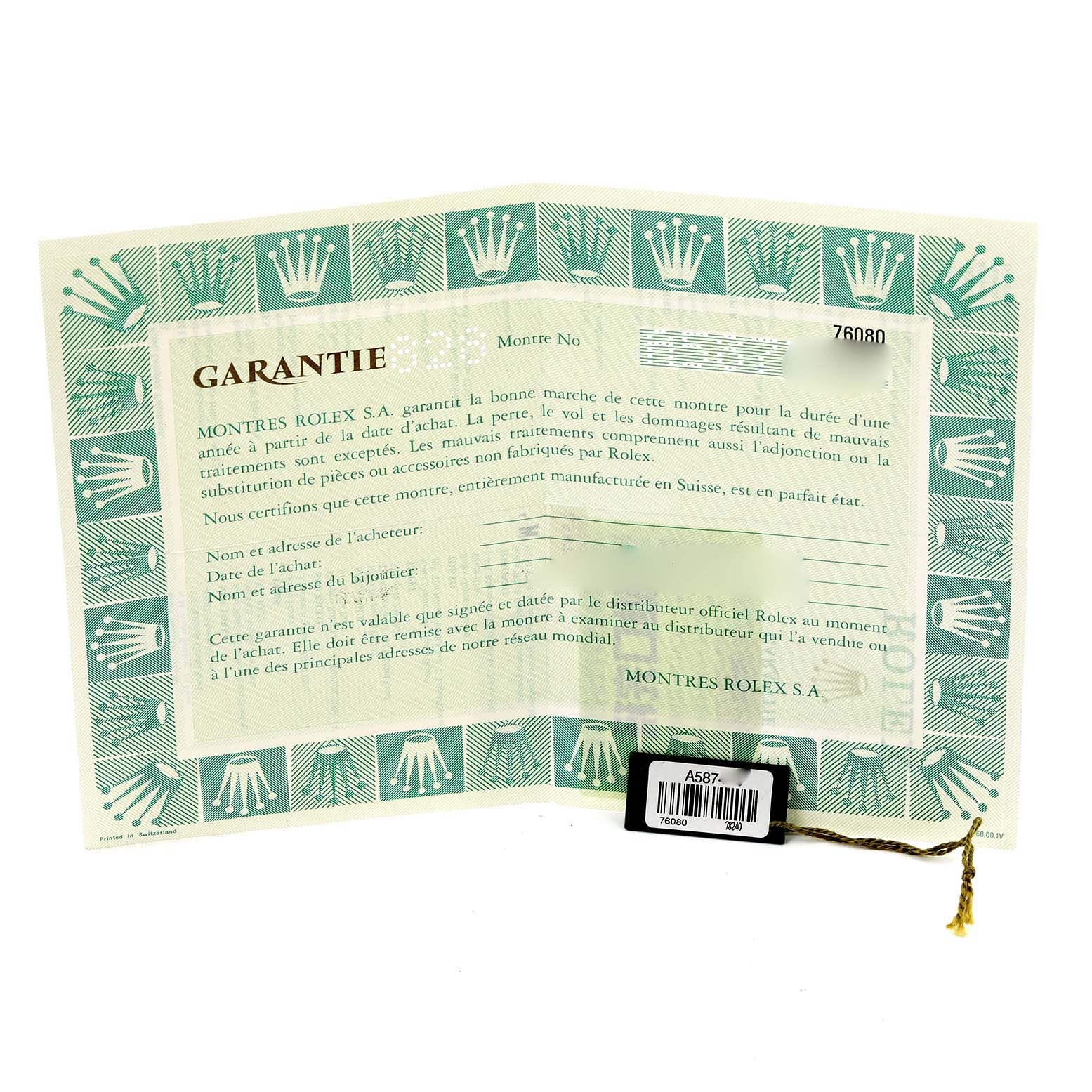 The image shows a warranty card for the Rolex Oyster Perpetual 76080 Women's Stainless Steel Pink Dial 76080 Women's Stainless Steel Pink Dial model, along with a tag attached to a string.