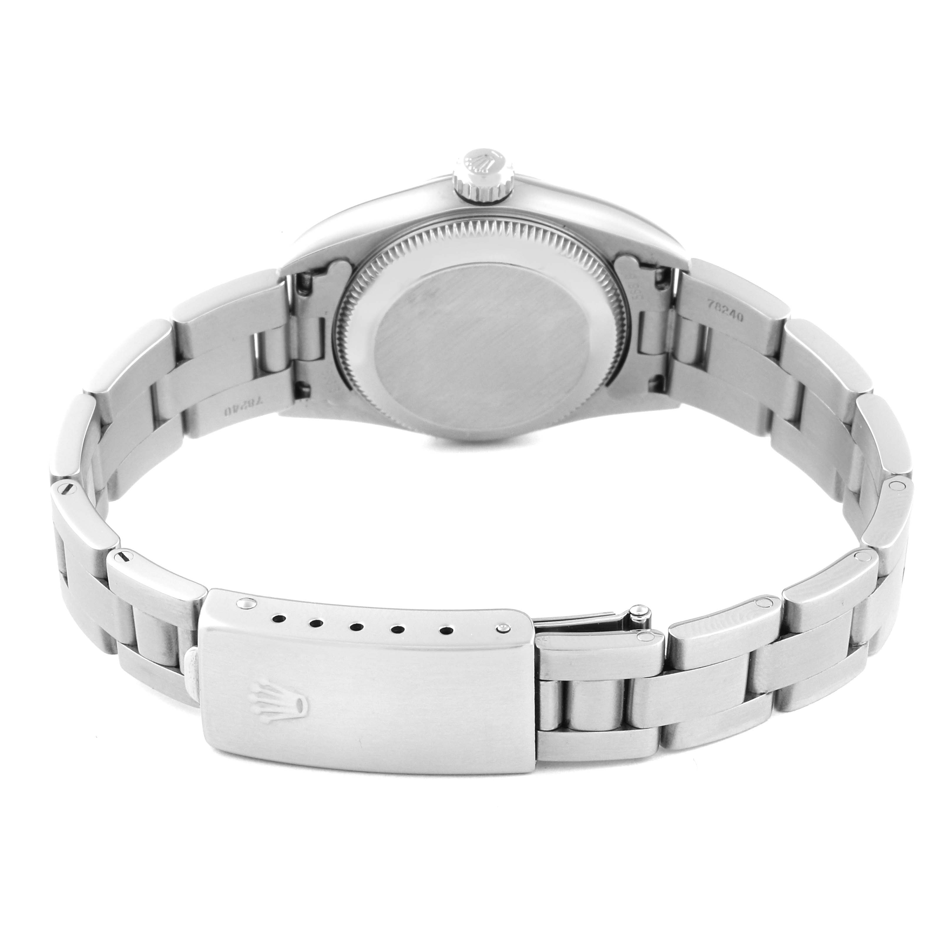 The image shows the back view of a Rolex Oyster Perpetual 76080 Women's Stainless Steel Pink Dial 76080 Women's Stainless Steel Pink Dial watch, focusing on the bracelet and the case back.