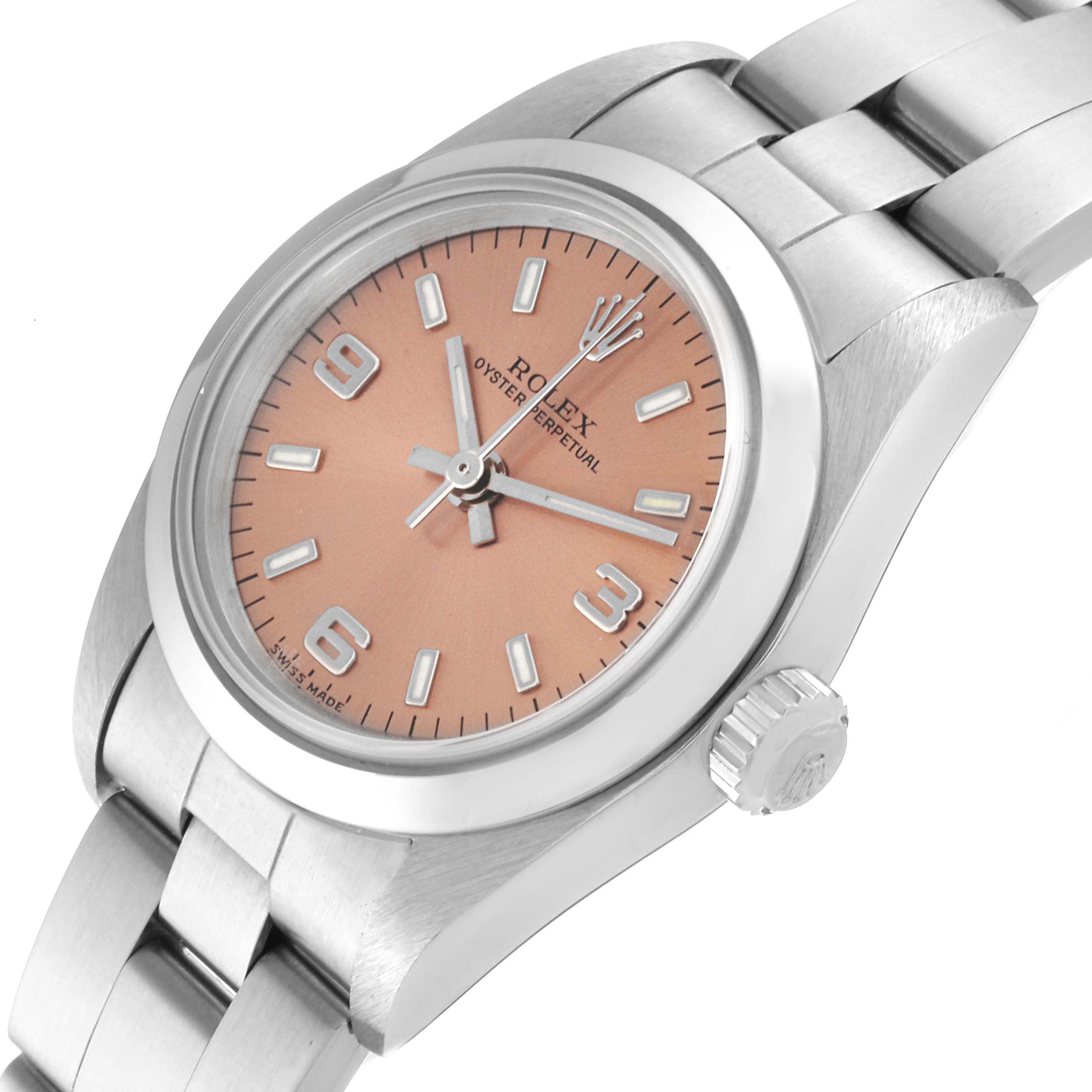 The image shows a Rolex Oyster Perpetual 76080 Women's Stainless Steel Pink Dial 76080 Women's Stainless Steel Pink Dial watch angled to display the face, bracelet, crown, and case side.