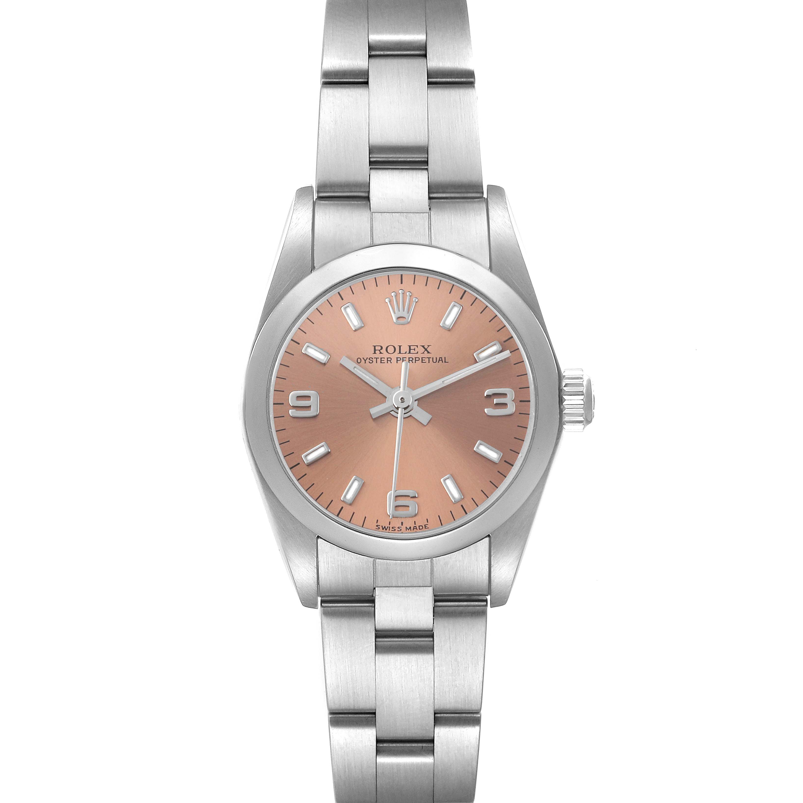 The Rolex Oyster Perpetual 76080 Women's Stainless Steel Pink Dial 76080 Women's Stainless Steel Pink Dial watch is shown from a top-down angle, displaying the full face, crown, and bracelet.