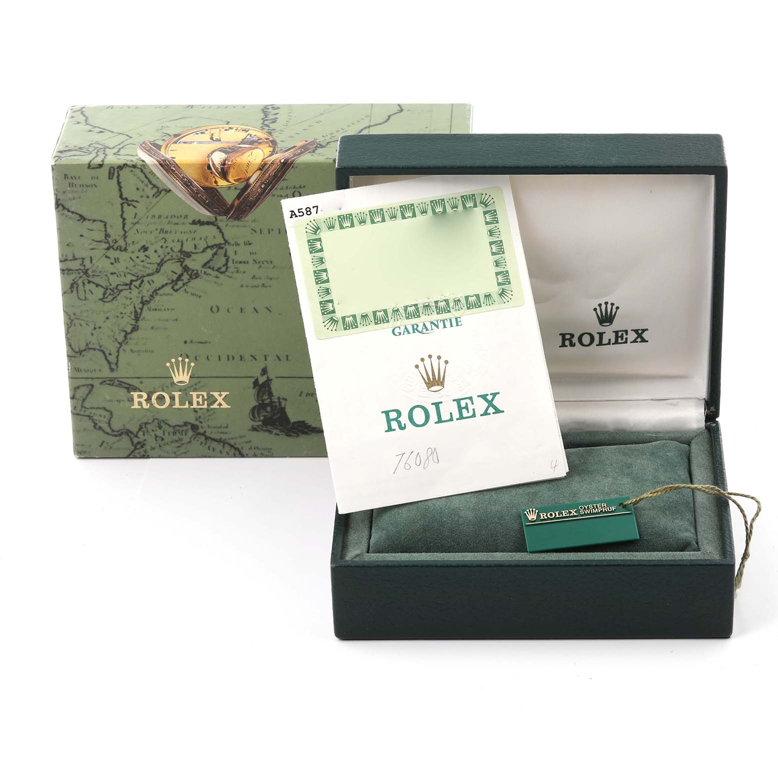 The image shows a Rolex Oyster Perpetual 76080 Women's Stainless Steel Pink Dial 76080 Women's Stainless Steel Pink Dial box, warranty card, and tag, viewed from the front.