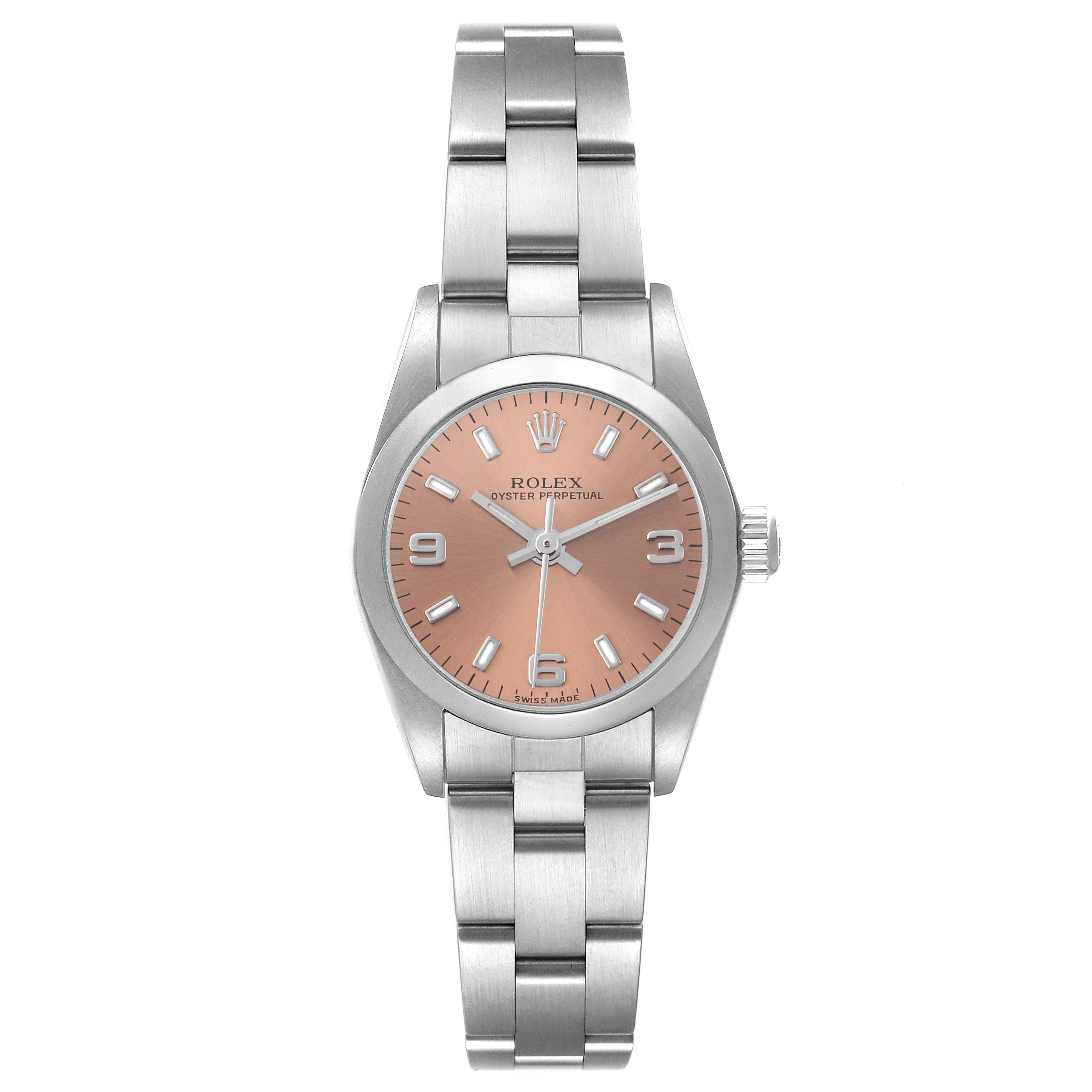 The Rolex Oyster Perpetual 76080 Women's Stainless Steel Pink Dial 76080 Women's Stainless Steel Pink Dial watch is shown from the front, featuring the dial, bracelet, and crown.