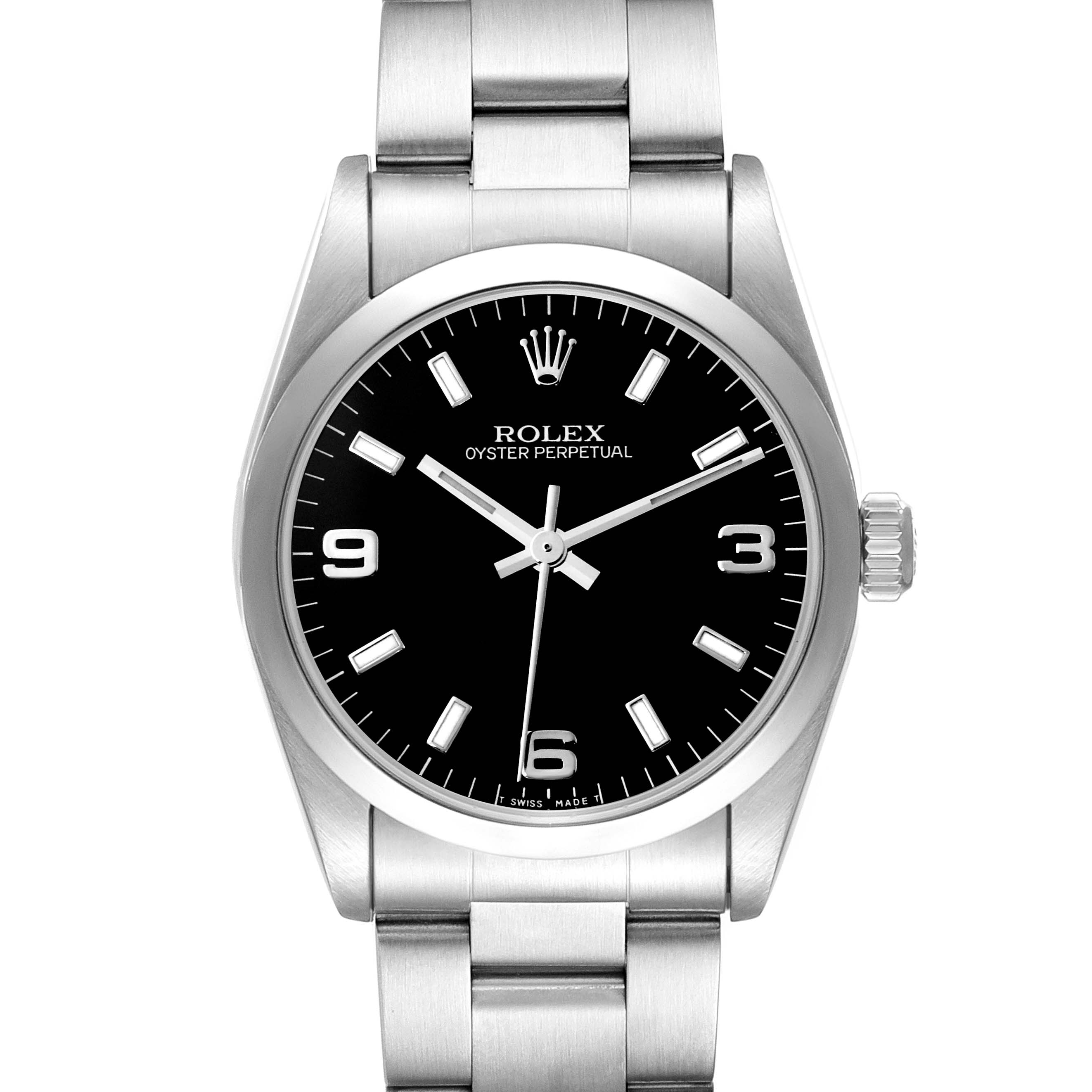The Rolex Oyster Perpetual watch is shown from a front angle, displaying its face, bezel, and part of the bracelet.