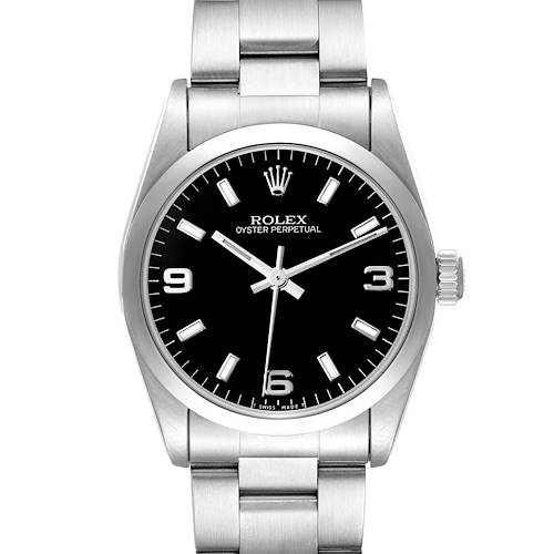 The Rolex Oyster Perpetual watch is shown from a front angle, displaying the dial, bezel, crown, and part of the bracelet.