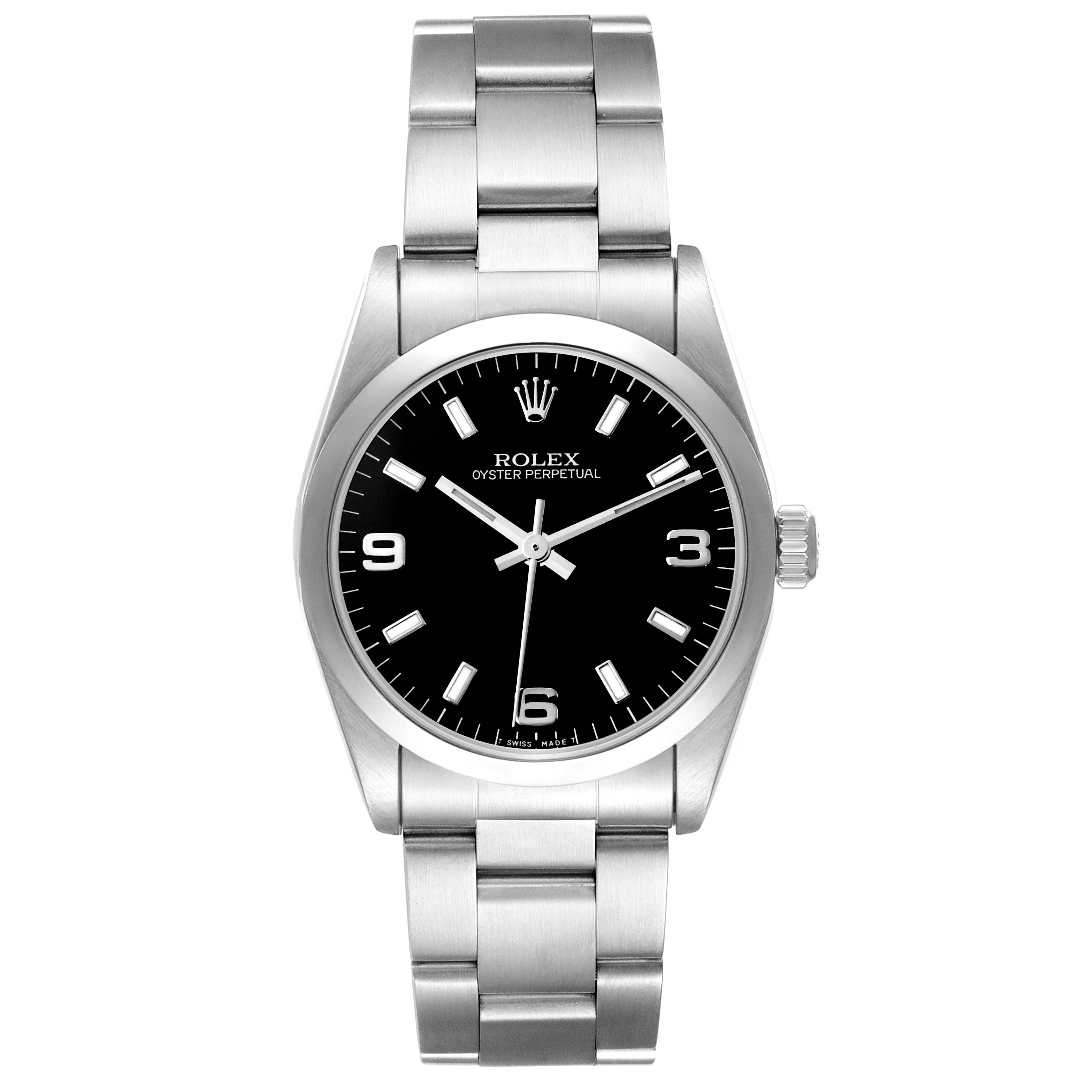 The Rolex Oyster Perpetual watch is shown from a front angle, displaying the black dial, silver-tone bracelet, and crown.