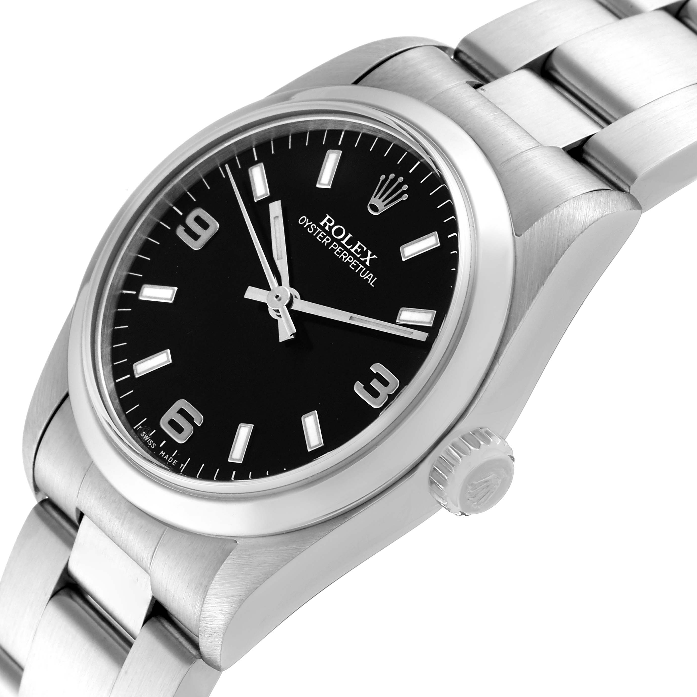 The Rolex Oyster Perpetual watch is shown at an angled view, displaying its black dial, markers, case, and bracelet.