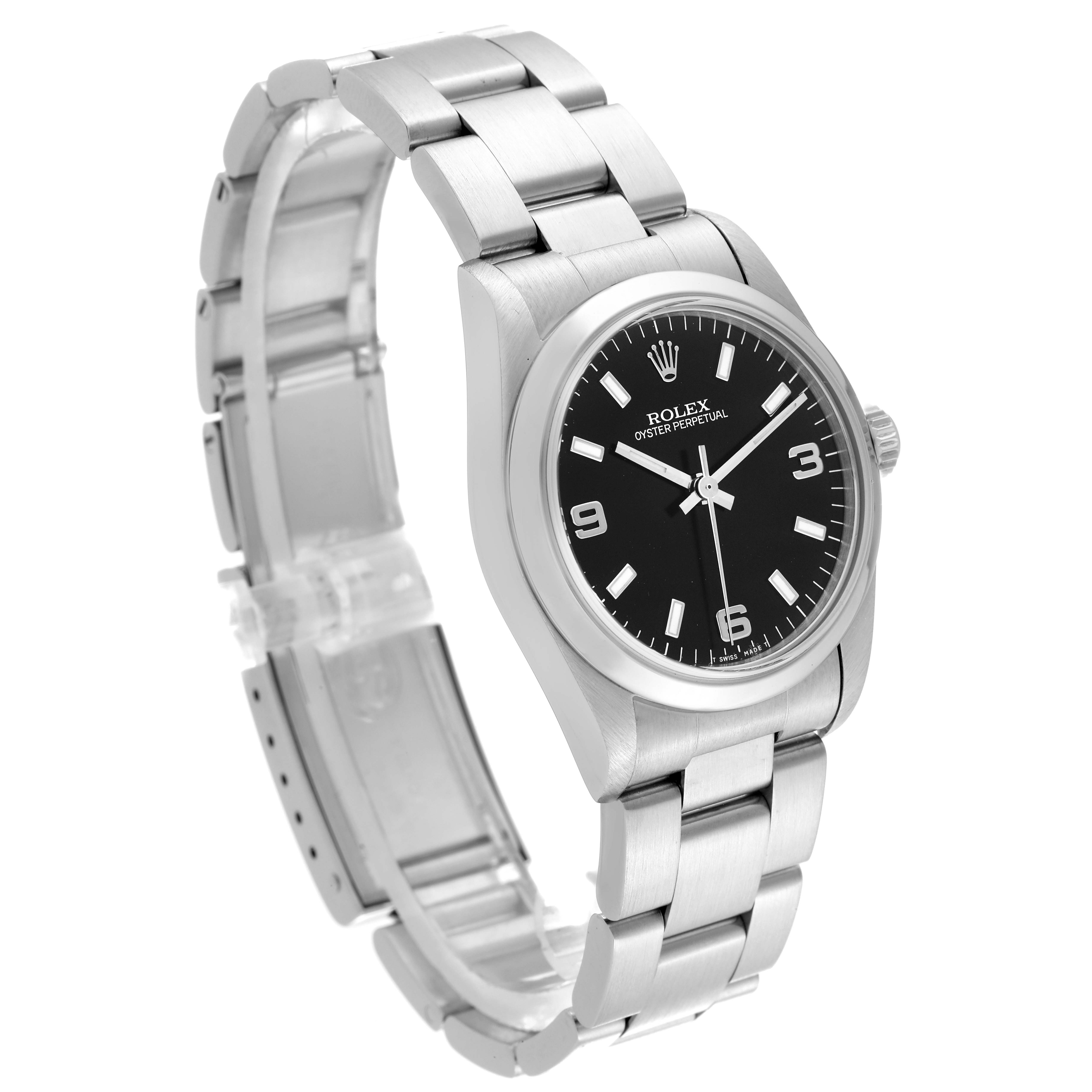 The Rolex Oyster Perpetual watch is shown at a three-quarter angle, highlighting the face, bezel, and bracelet.