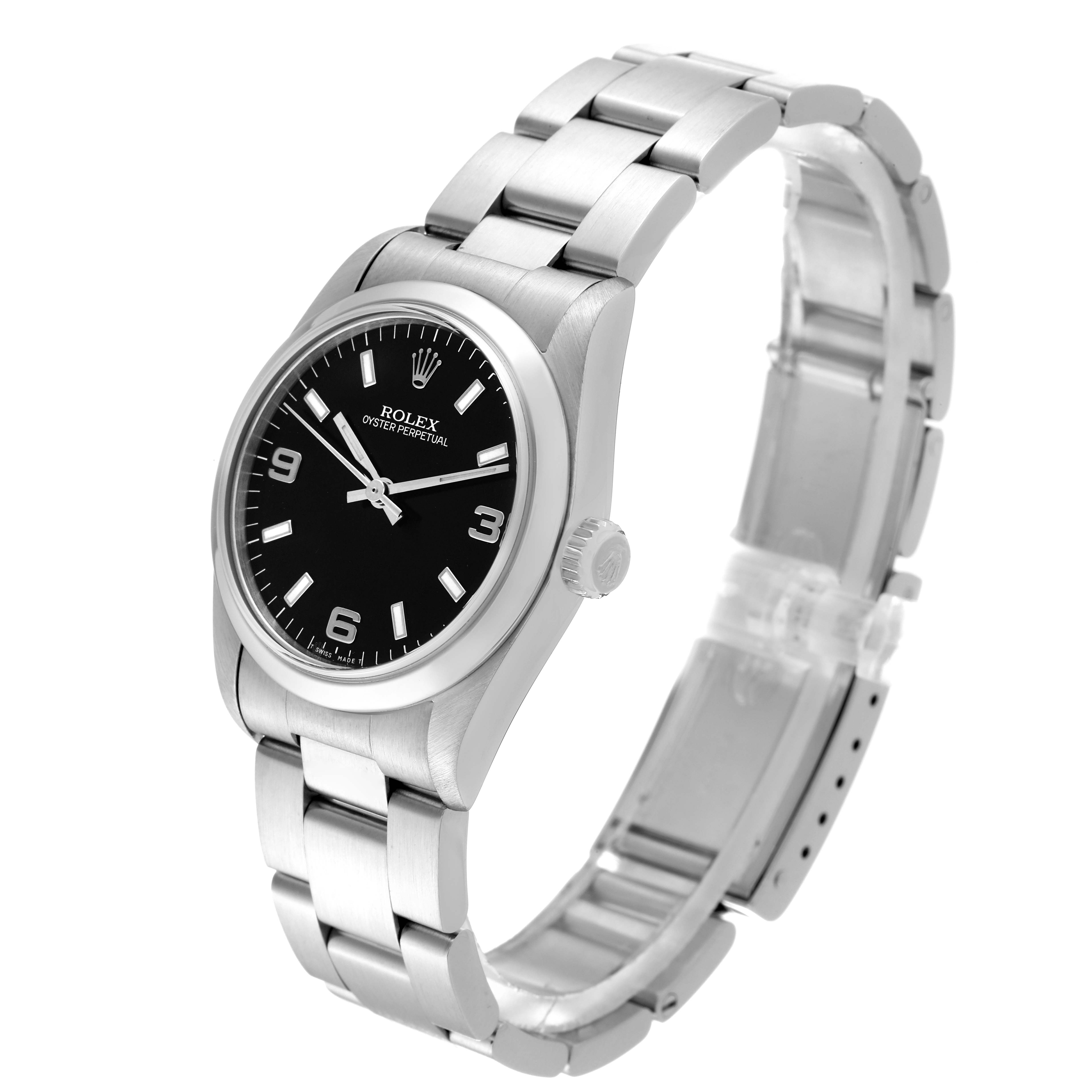 The Rolex Oyster Perpetual watch is shown at a three-quarter angle, highlighting the face, bezel, crown, and bracelet.