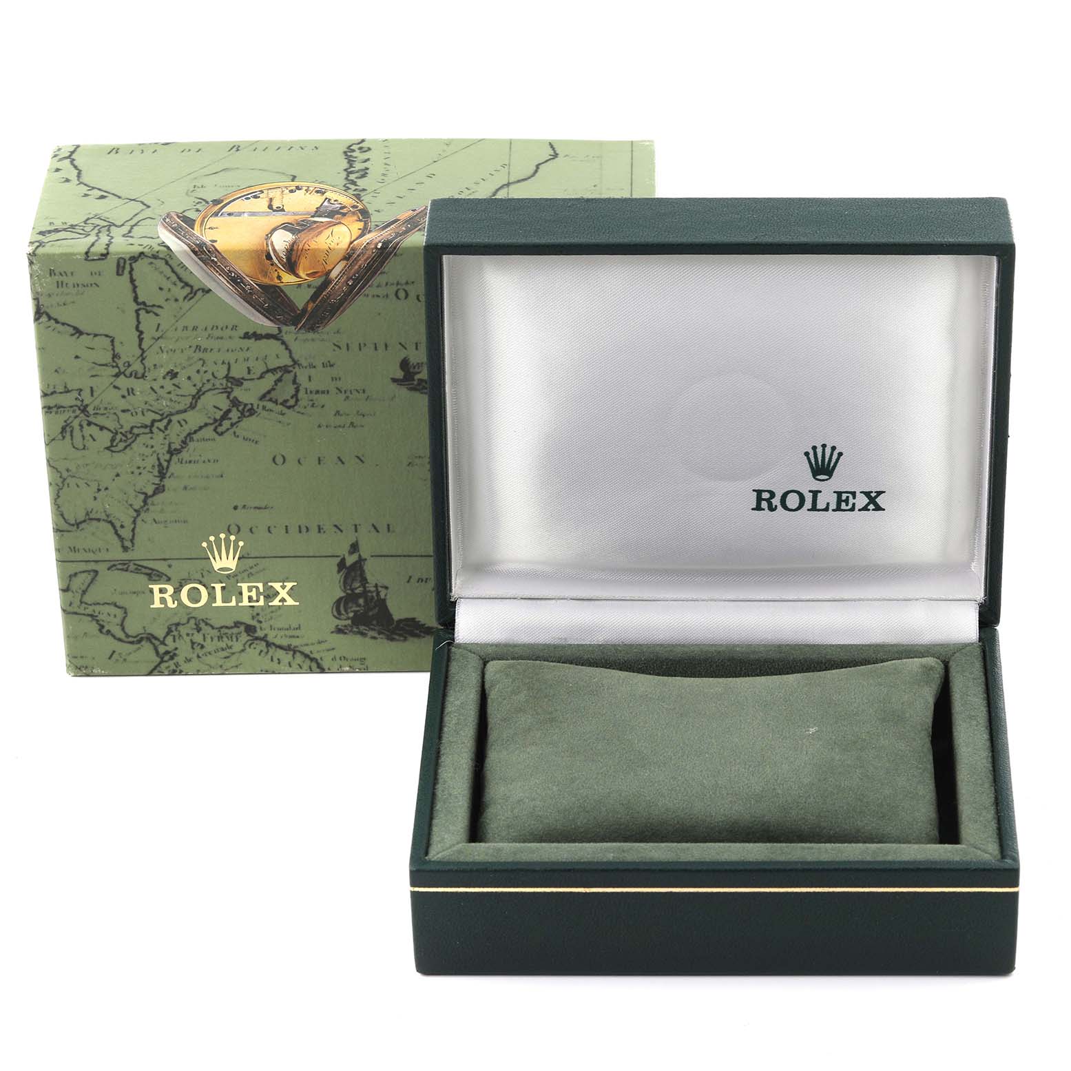 The image shows a Rolex Oyster Perpetual watch box, open with the interior and outer map-themed packaging visible.