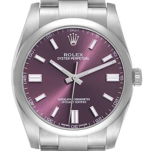 Photo of Rolex Oyster Perpetual Red Grape Dial Steel Mens Watch 116000 Box Card