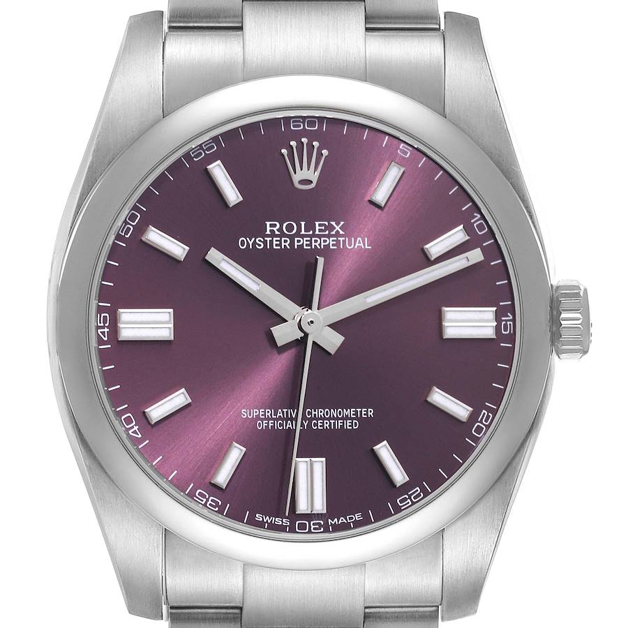 Rolex Oyster Perpetual Red Grape Dial Steel Mens Watch 116000 Box Card SwissWatchExpo