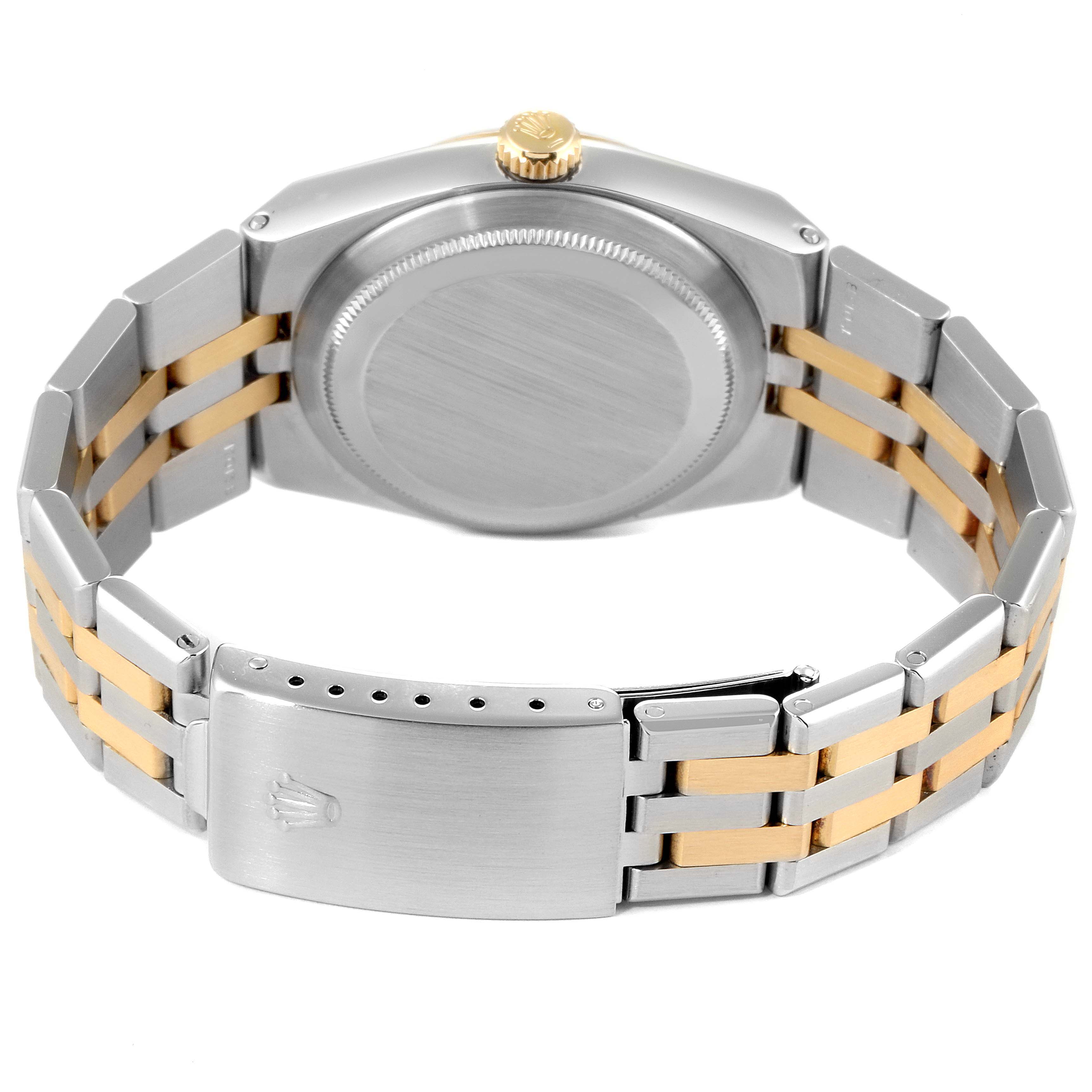 This image shows the back view of a Rolex Oysterquartz 17013 Men's Steel and Gold (two tone) Champagne Dial 17013 Men's Steel and Gold (two tone) Champagne Dial watch, highlighting the clasp, bracelet, and case back.
