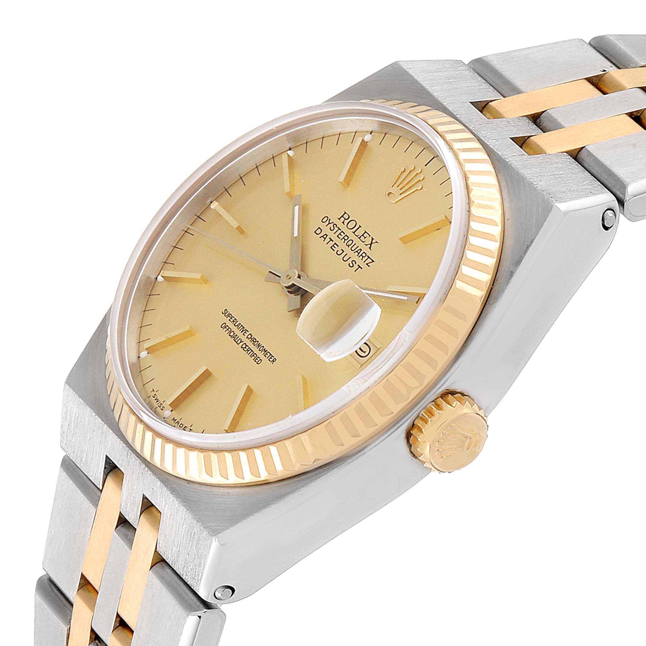 This Rolex Oysterquartz 17013 Men's Steel and Gold (two tone) Champagne Dial 17013 Men's Steel and Gold (two tone) Champagne Dial watch is shown from an angled perspective highlighting the face, bezel, crown, and part of the bracelet.
