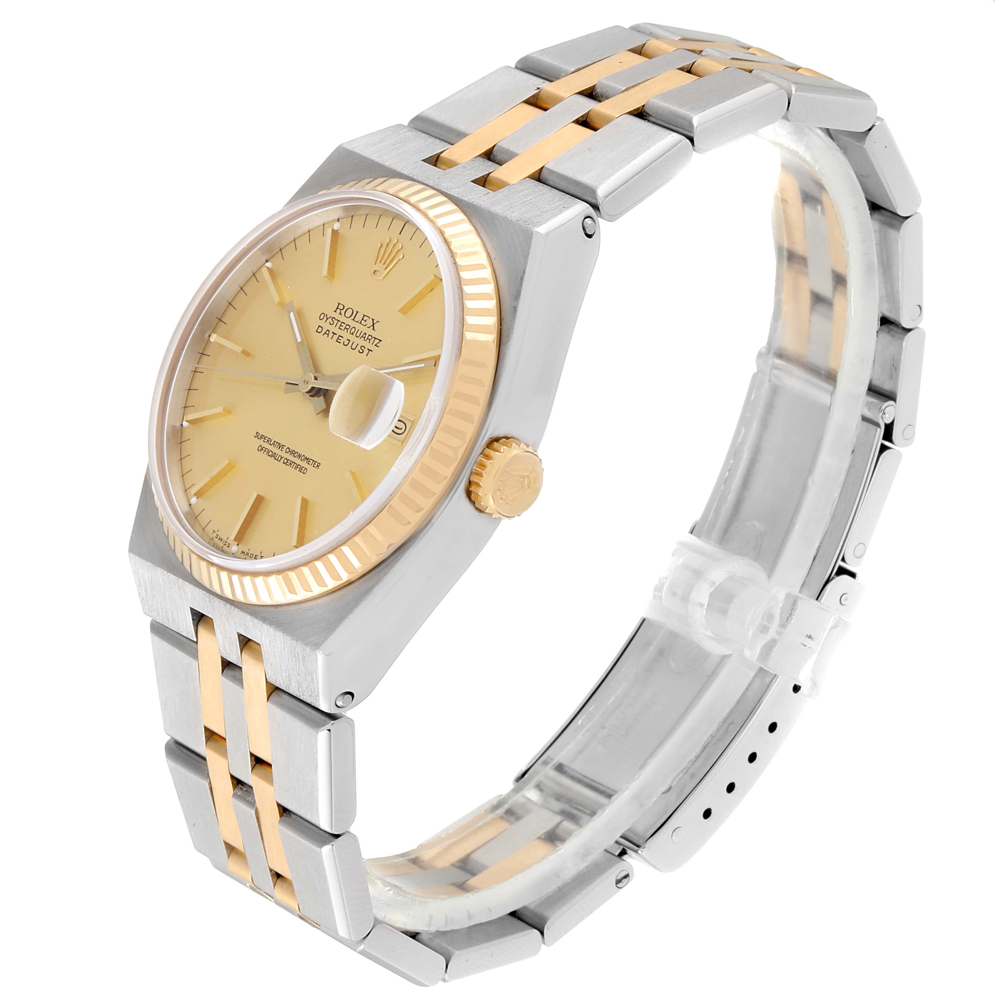The Rolex Oysterquartz 17013 Men's Steel and Gold (two tone) Champagne Dial 17013 Men's Steel and Gold (two tone) Champagne Dial watch is shown at a slight angle, highlighting the bracelet, bezel, crown, and dial.