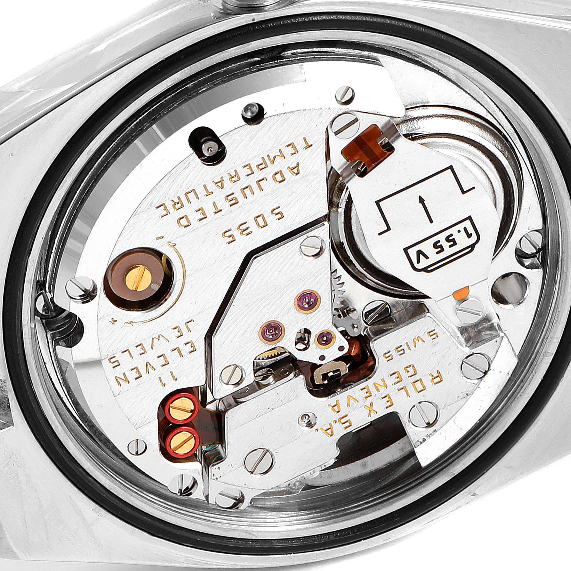 This image shows the inner mechanism and movement components of a Rolex Oysterquartz 17013 Men's Steel and Gold (two tone) Champagne Dial 17013 Men's Steel and Gold (two tone) Champagne Dial watch from a top-down angle.