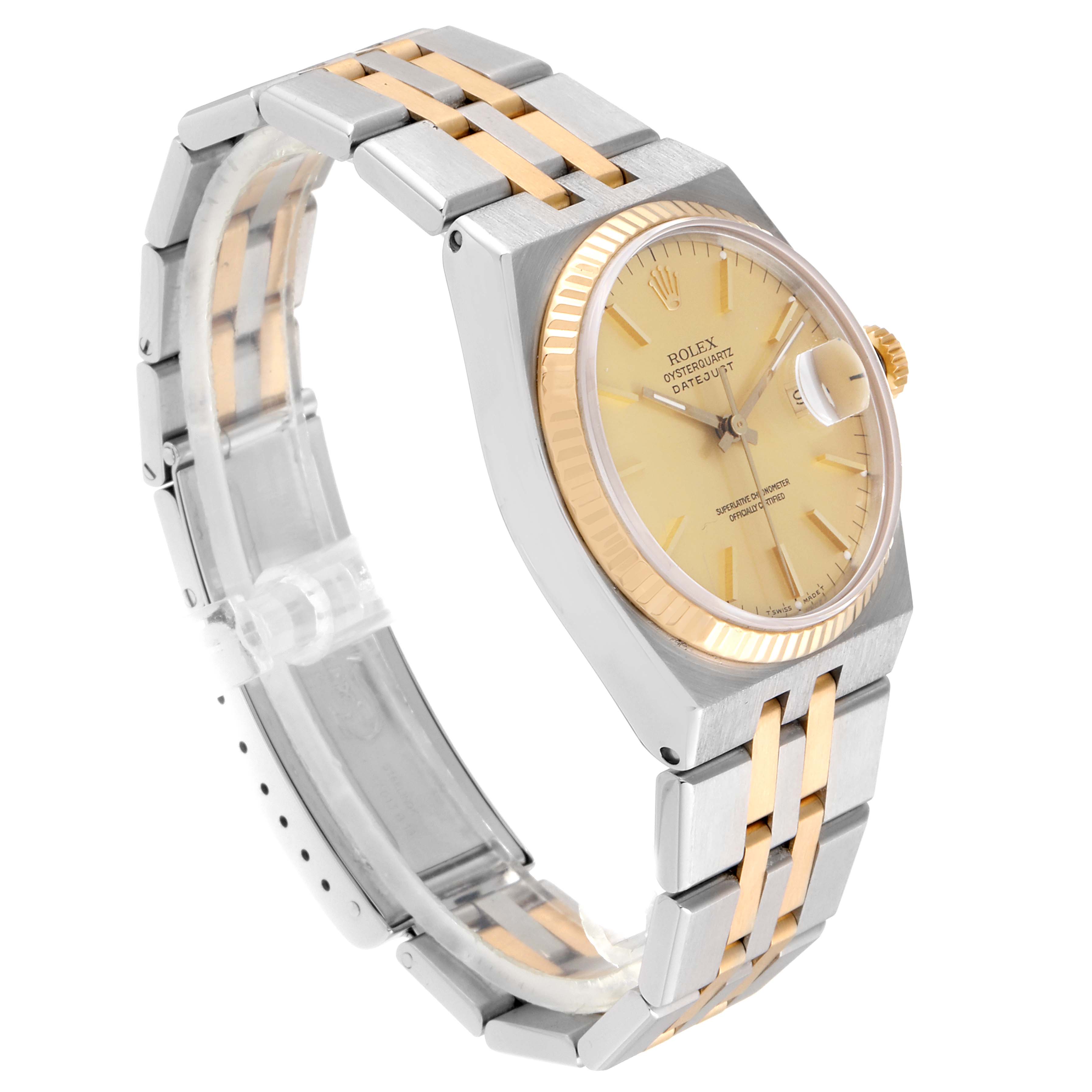 The image shows the front and side angles of a Rolex Oysterquartz 17013 Men's Steel and Gold (two tone) Champagne Dial 17013 Men's Steel and Gold (two tone) Champagne Dial watch, highlighting its face, bezel, and bracelet.