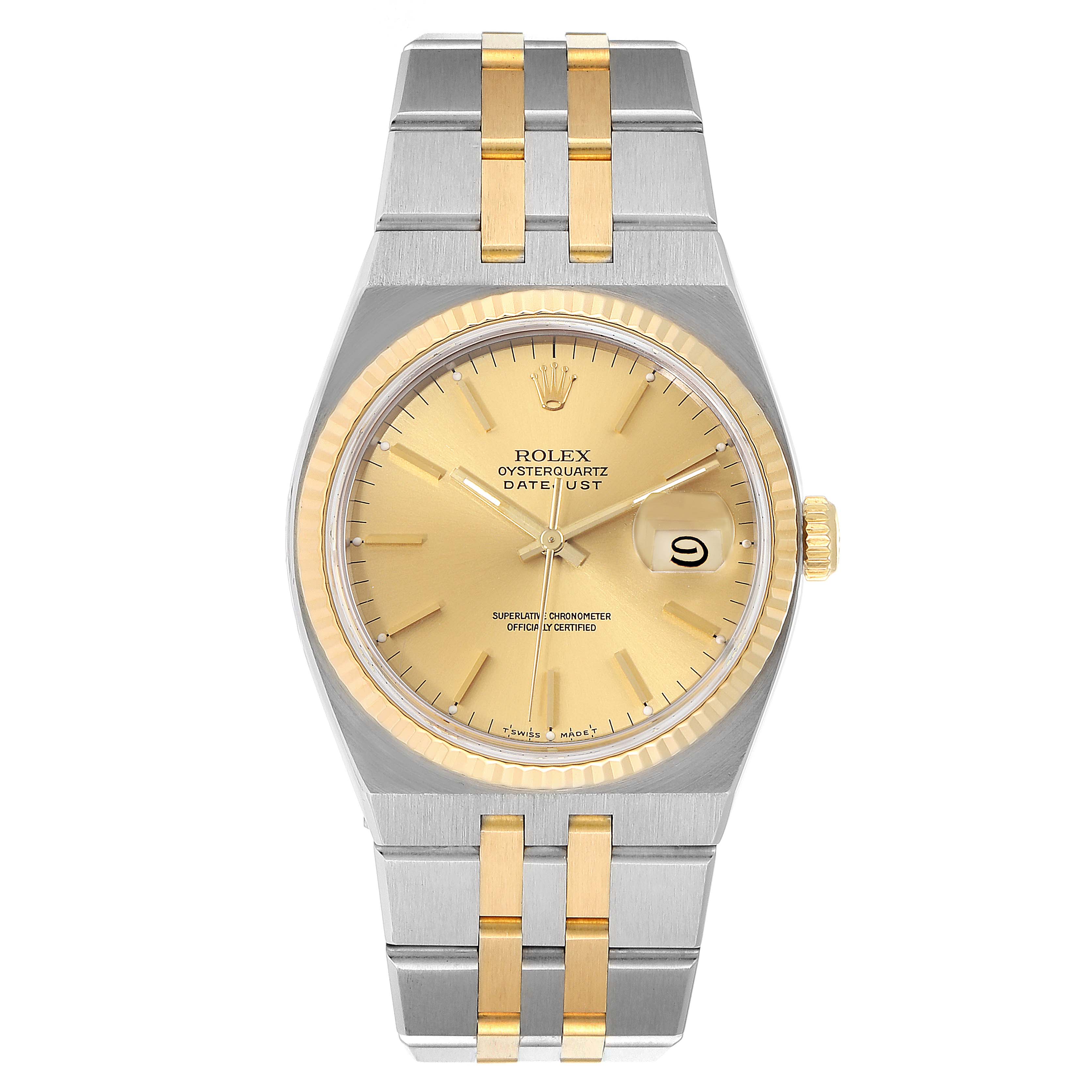 This Rolex Oysterquartz 17013 Men's Steel and Gold (two tone) Champagne Dial 17013 Men's Steel and Gold (two tone) Champagne Dial watch is shown from a top-down angle, highlighting its face, bezel, and two-tone bracelet.