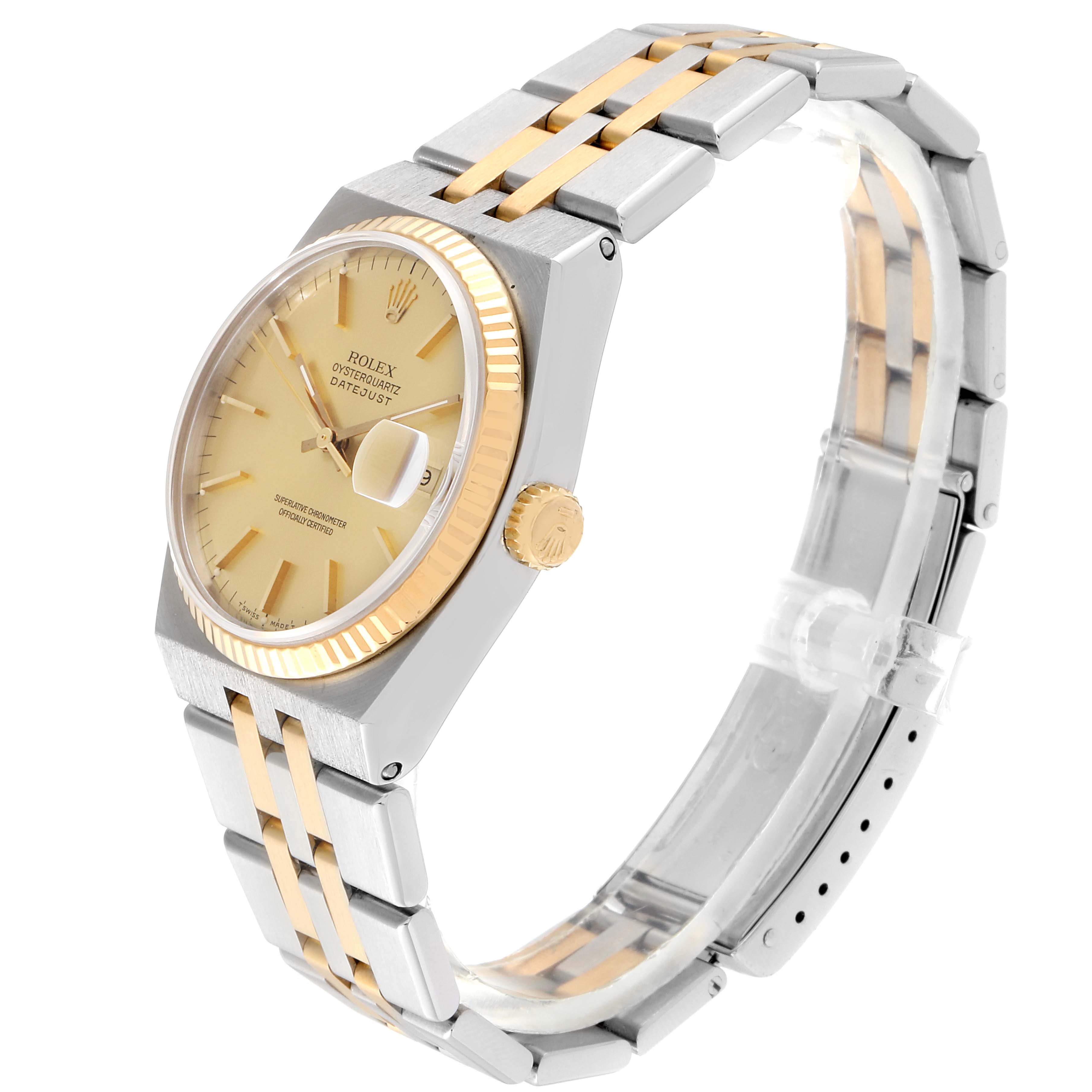The image shows a side angle of the Rolex Oysterquartz 17013 Men's Steel and Gold (two tone) Champagne Dial 17013 Men's Steel and Gold (two tone) Champagne Dial watch, highlighting the bezel, crown, dial, and two-tone bracelet.