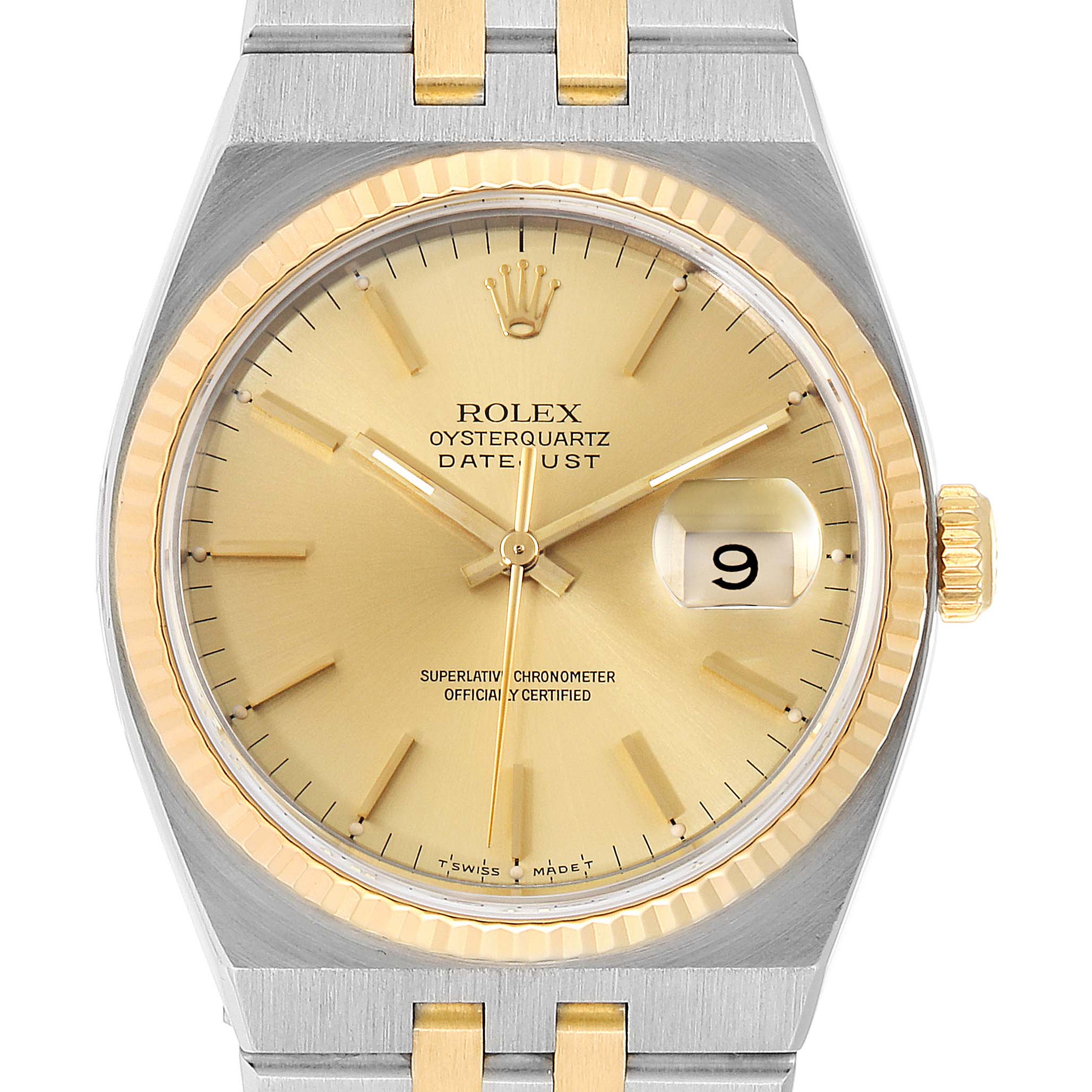 The image shows the front face of a Rolex Oysterquartz 17013 Men's Steel and Gold (two tone) Champagne Dial 17013 Men's Steel and Gold (two tone) Champagne Dial watch, highlighting the dial, bezel, crown, and part of the bracelet.