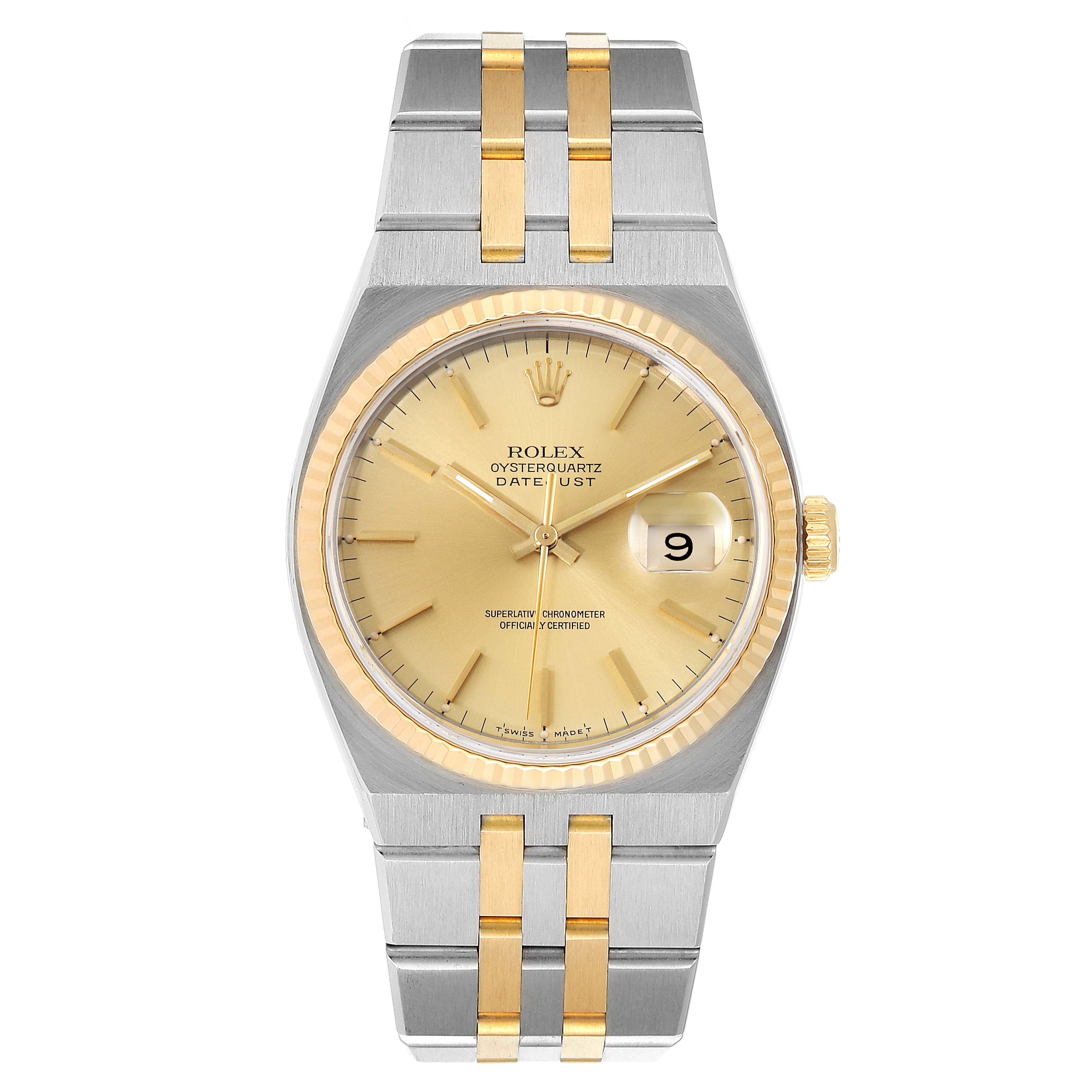 This image shows a Rolex Oysterquartz 17013 Men's Steel and Gold (two tone) Champagne Dial 17013 Men's Steel and Gold (two tone) Champagne Dial Datejust watch from a front angle, displaying the face, bezel, crown, and band.