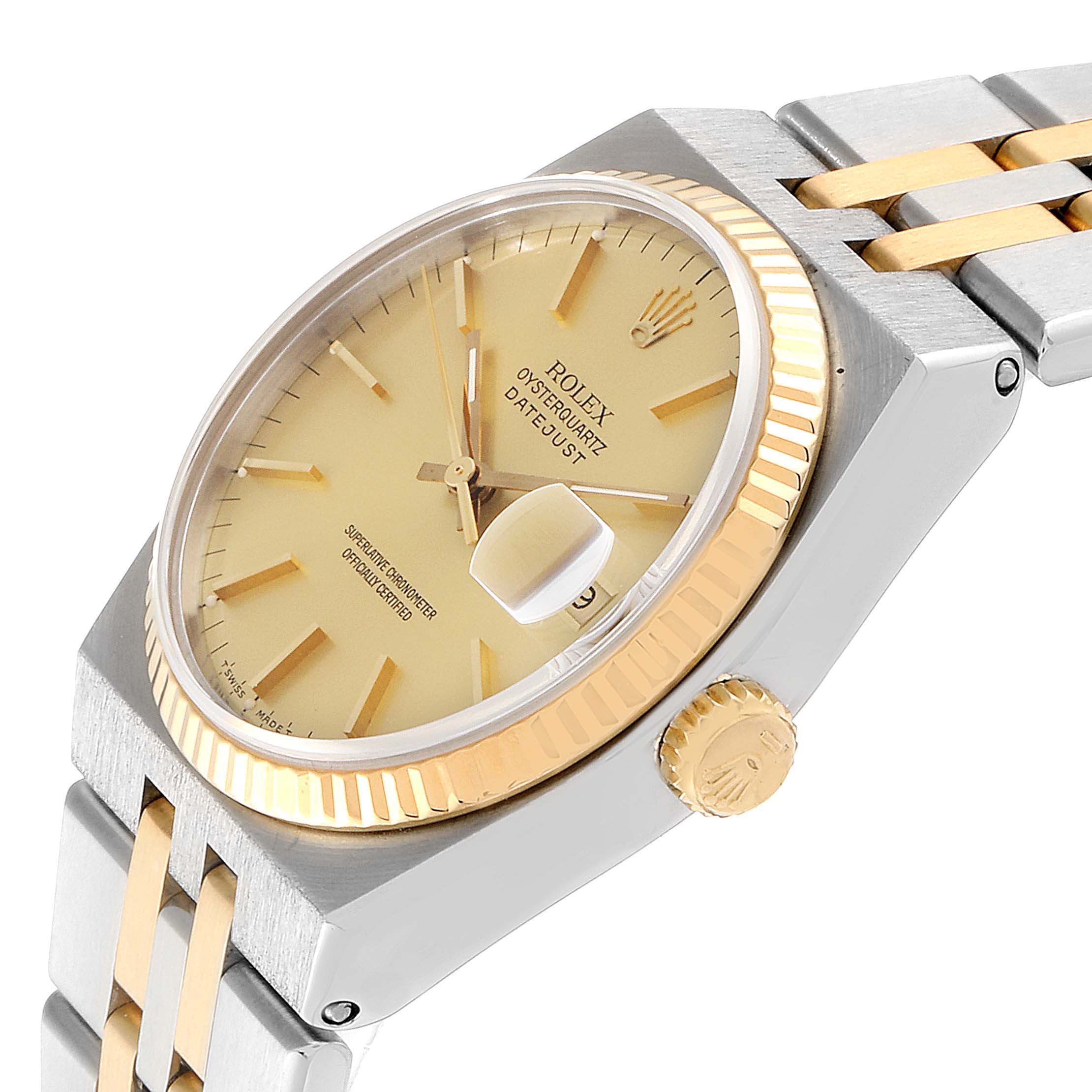 The Rolex Oysterquartz 17013 Men's Steel and Gold (two tone) Champagne Dial 17013 Men's Steel and Gold (two tone) Champagne Dial watch is shown at an angle highlighting the dial, crown, bracelet, and fluted bezel.