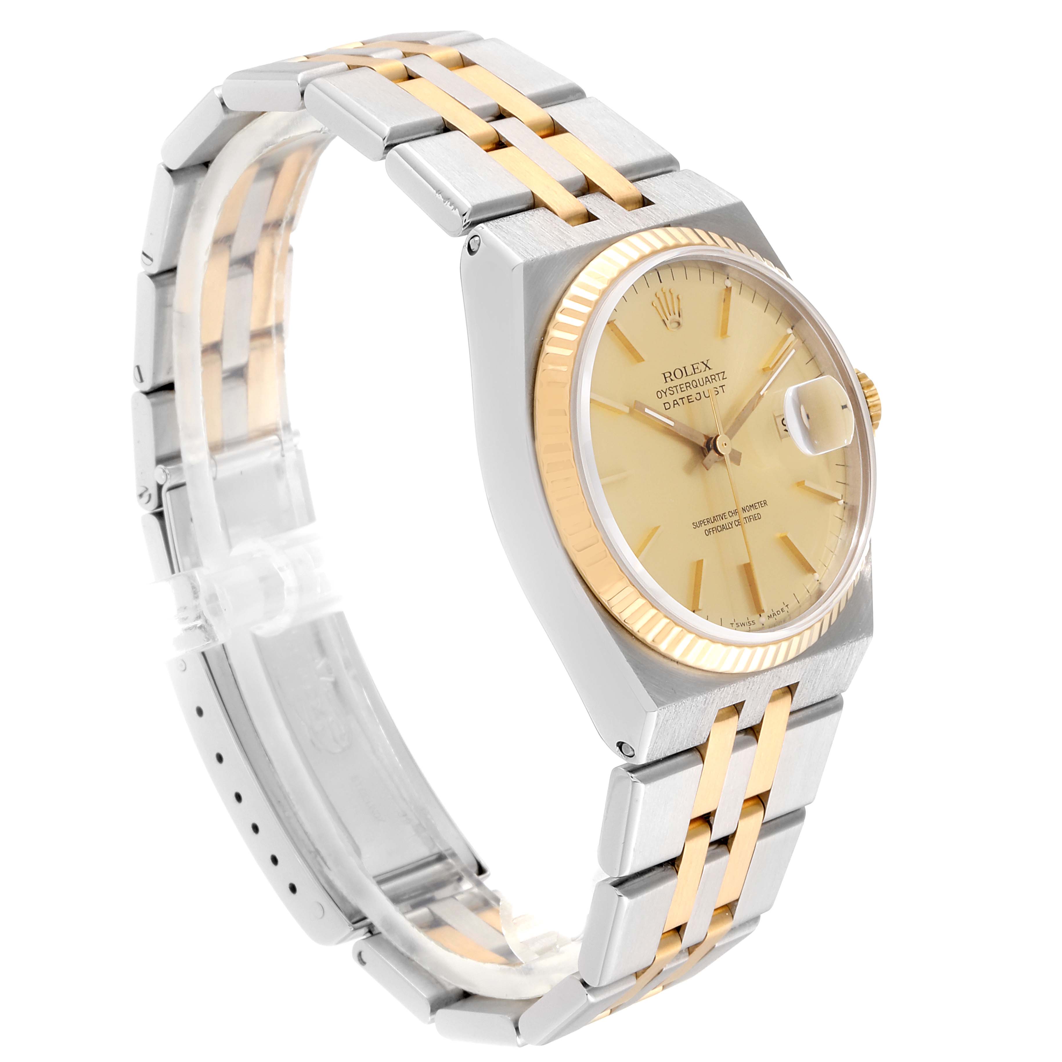 The image shows a side angle of a Rolex Oysterquartz 17013 Men's Steel and Gold (two tone) Champagne Dial 17013 Men's Steel and Gold (two tone) Champagne Dial watch, displaying the face, bezel, and mixed metal bracelet.
