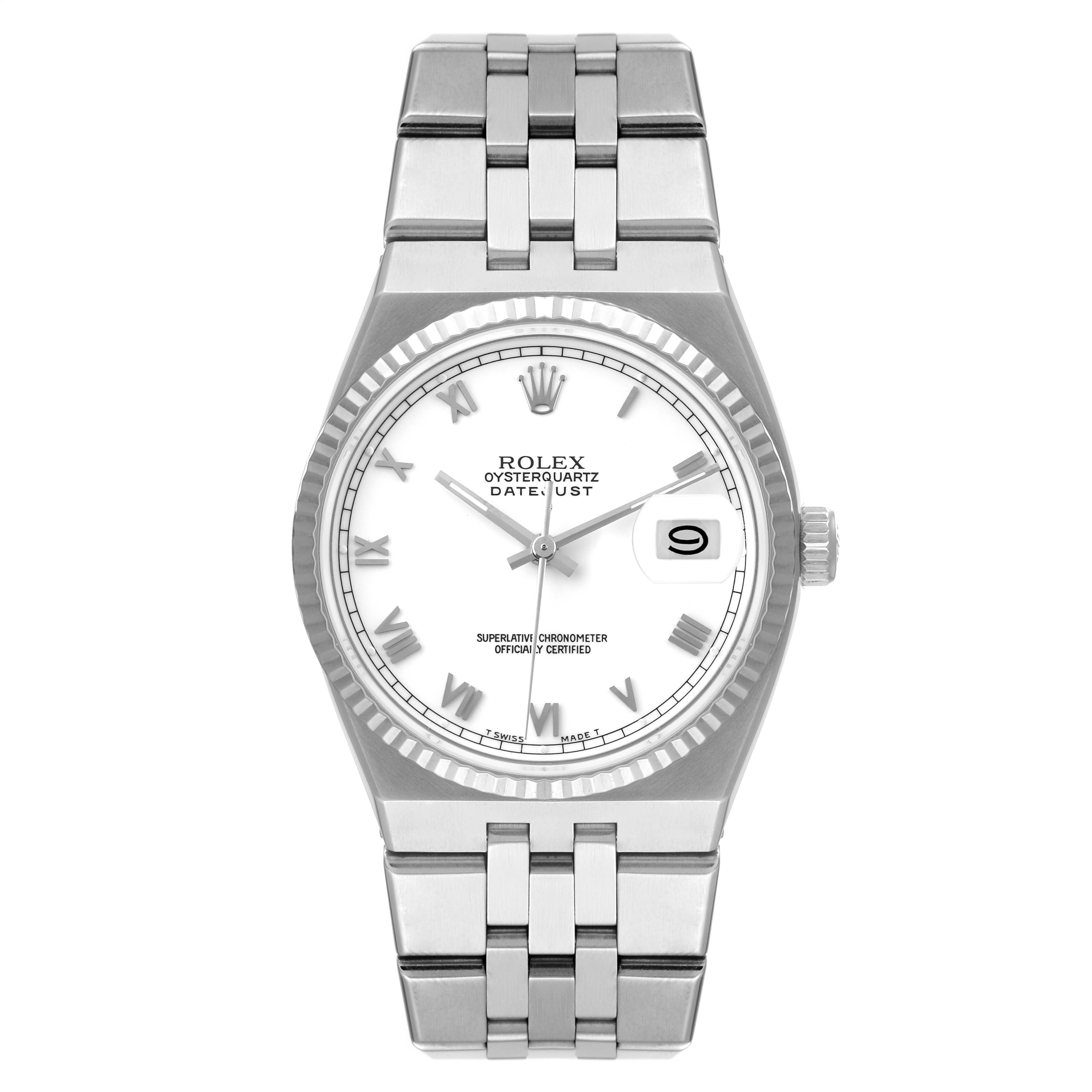 The image shows a front view of a Rolex Oysterquartz 17014 Men
s Stainless Steel White Dial 17014 Men
s Stainless Steel White Dial Datejust watch, displaying the dial, bezel, bracelet, and crown.