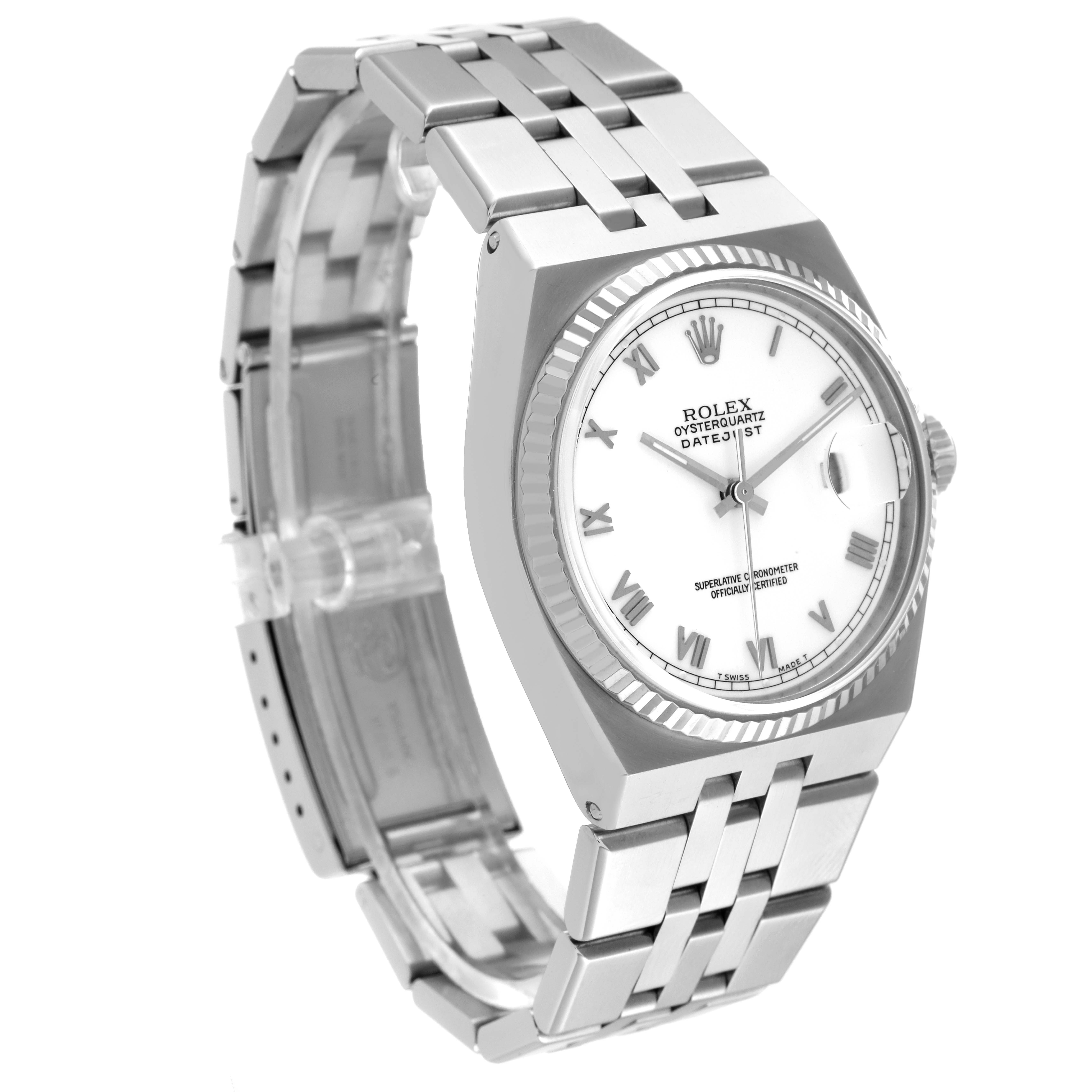 The image shows a Rolex Oysterquartz 17014 Men
s Stainless Steel White Dial 17014 Men
s Stainless Steel White Dial Datejust watch at an angle highlighting its face, bracelet, and partially open clasp.
